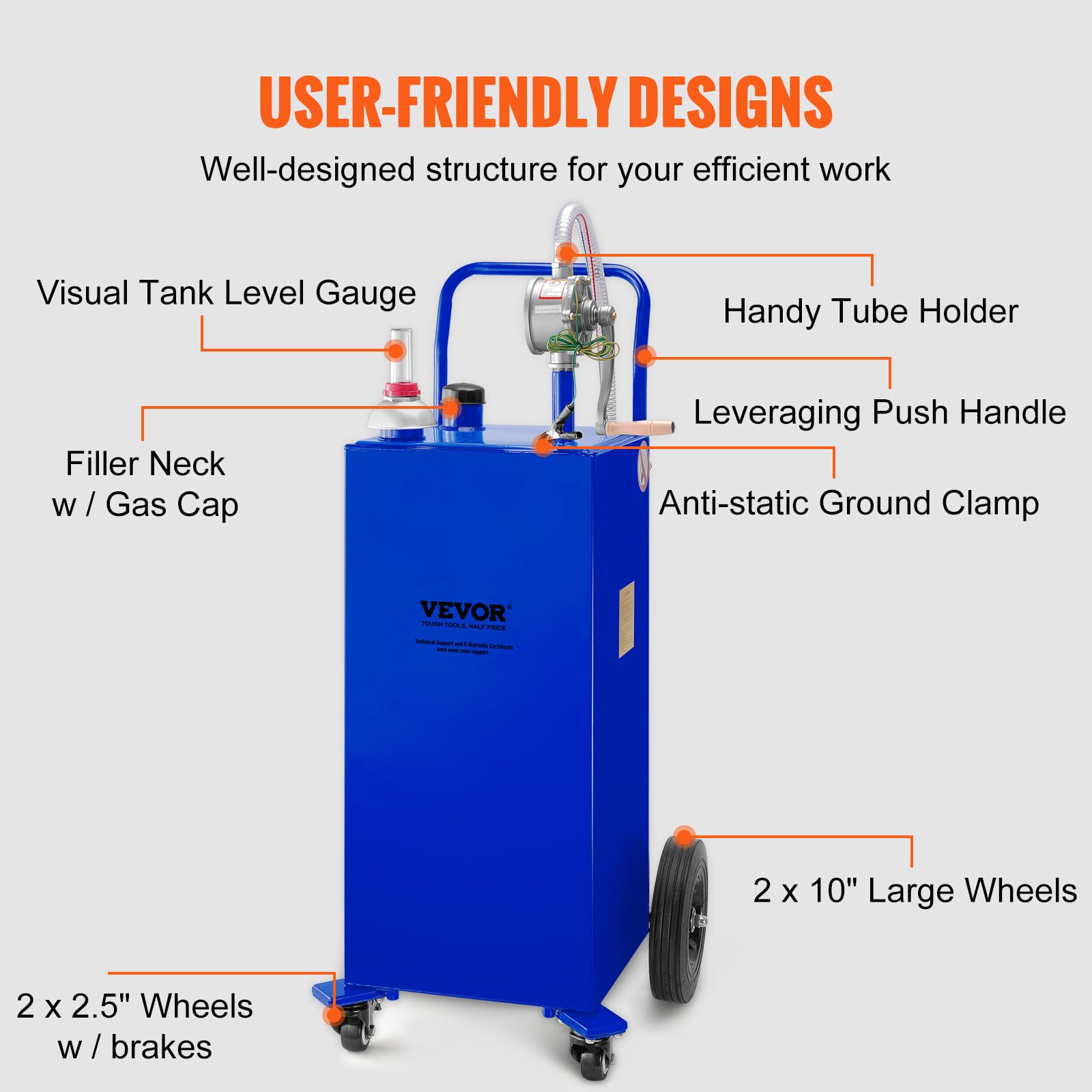 VEVOR 30 Gallon Portable Gas Caddy with Manual Pump - 4-Wheel Fuel Storage Tank for Gasoline & Diesel - Heavy Duty Fuel Container for Cars, Trucks, Lawn Mowers, ATVs, Boats & Outdoor Equipment - Ideal for Home, Farm, Construction & Emergency Fuel Storage
