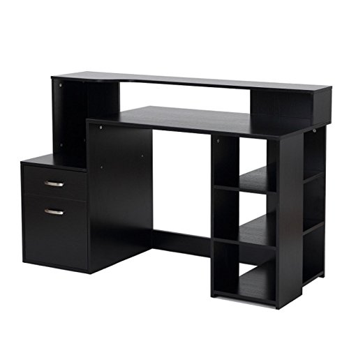Black Computer Desk with 2 Easy-Glide Drawers & Bookshelf Storage - Compact Laptop PC Workstation for Home Office, Study, Writing | Space-Saving Furniture for Small Rooms & Apartments | Perfect for Work from Home, Online Classes & Gaming Setup