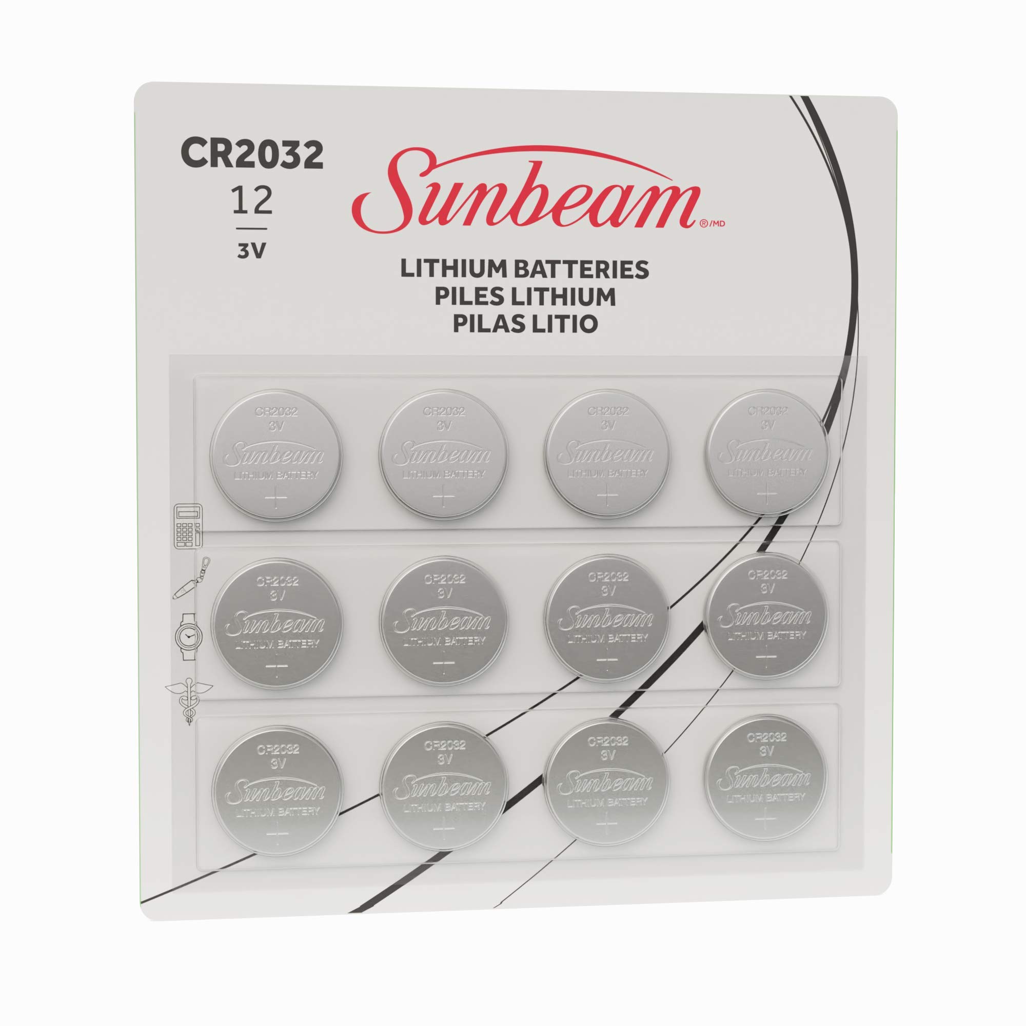 Sunbeam 16732 12 Pack CR2032 Lithium Batteries - High Performance, Long Lasting Power for Watches, Key Fobs & Electronics - Easy Open Value Pack for Home & Office Use