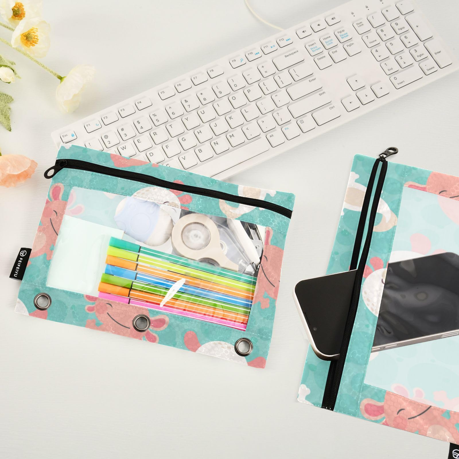Kawaii Axolotl Green Zipper Pencil Pouch 2-Pack - 3-Ring Binder Organizer for School & Office Supplies - Cute Stationery Case for Notebooks, Folders & Backpacks