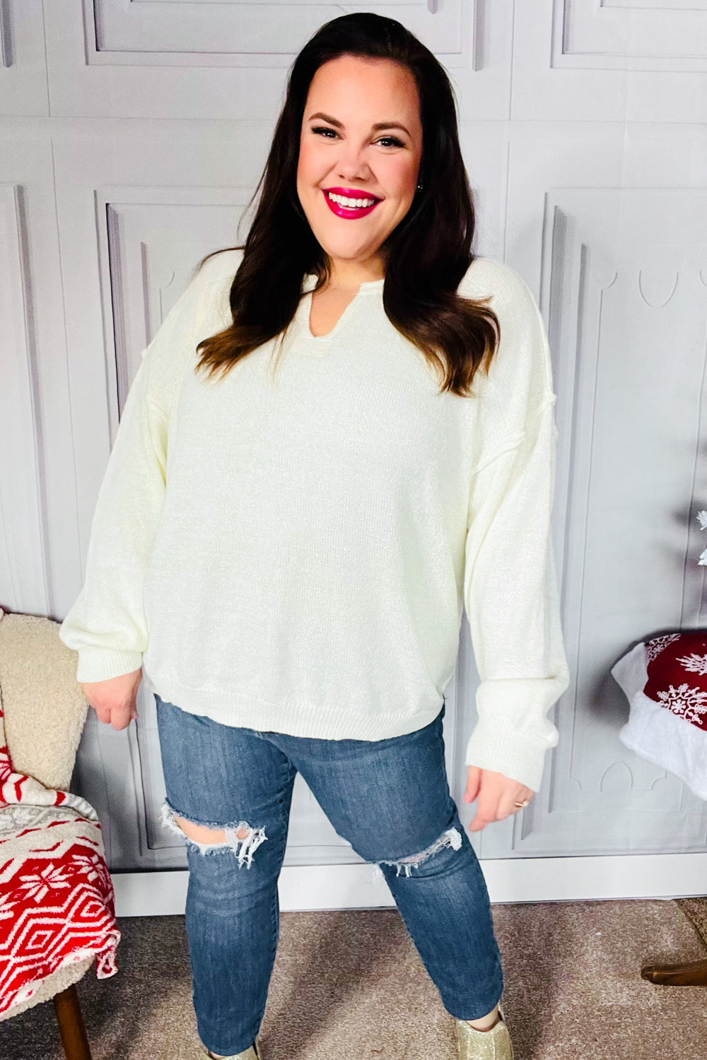 Ivory Oversized Notched Neck Patch Sweater for Women - Cozy Winter Pullover for Casual Outings & Layering