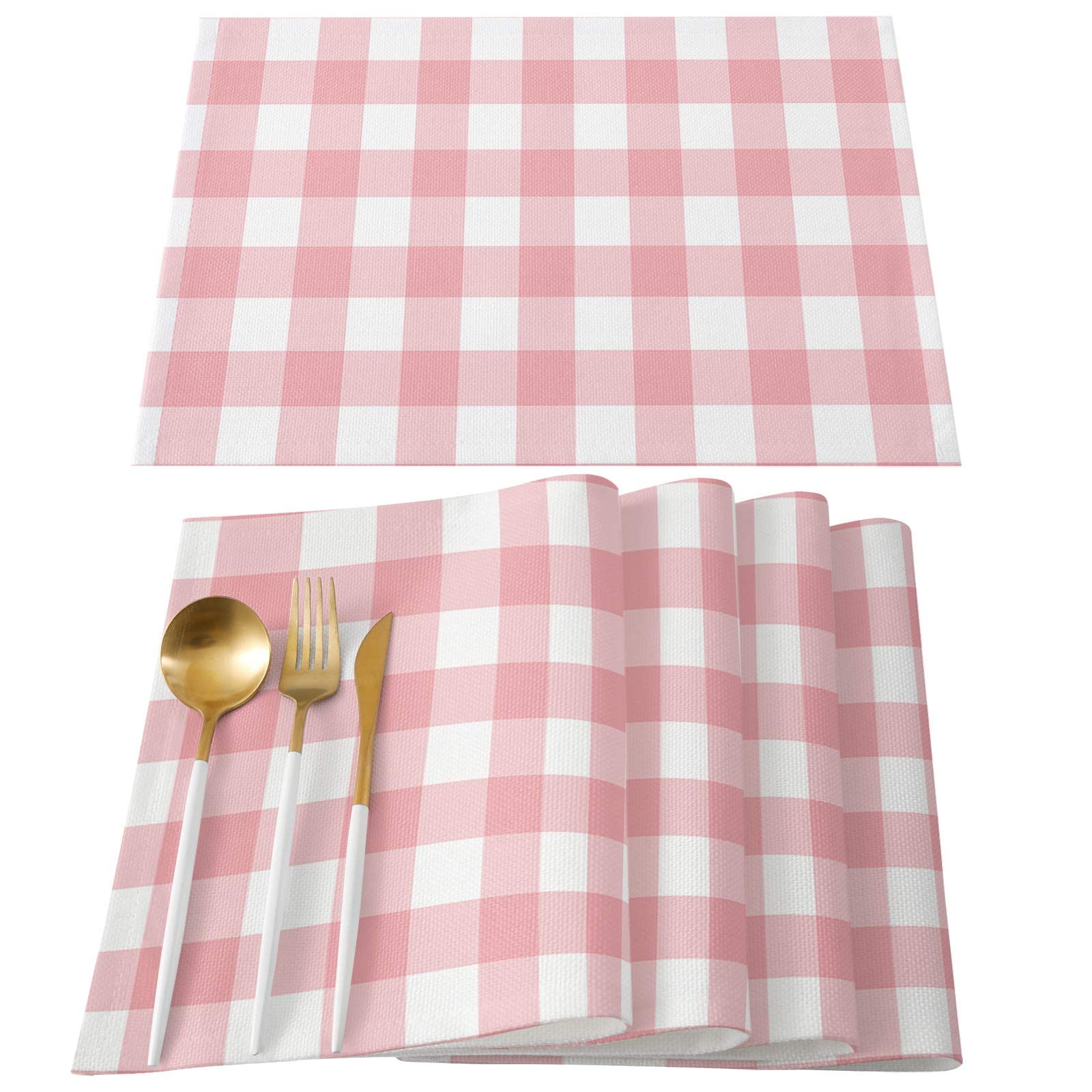 6-Pack Pink and White Buffalo Plaid Placemats - Heat Resistant, Stain Proof & Non-Slip Kitchen Table Mats - Washable Polyester Dining Placemats for Holiday Dinners, Family Gatherings & Everyday Use