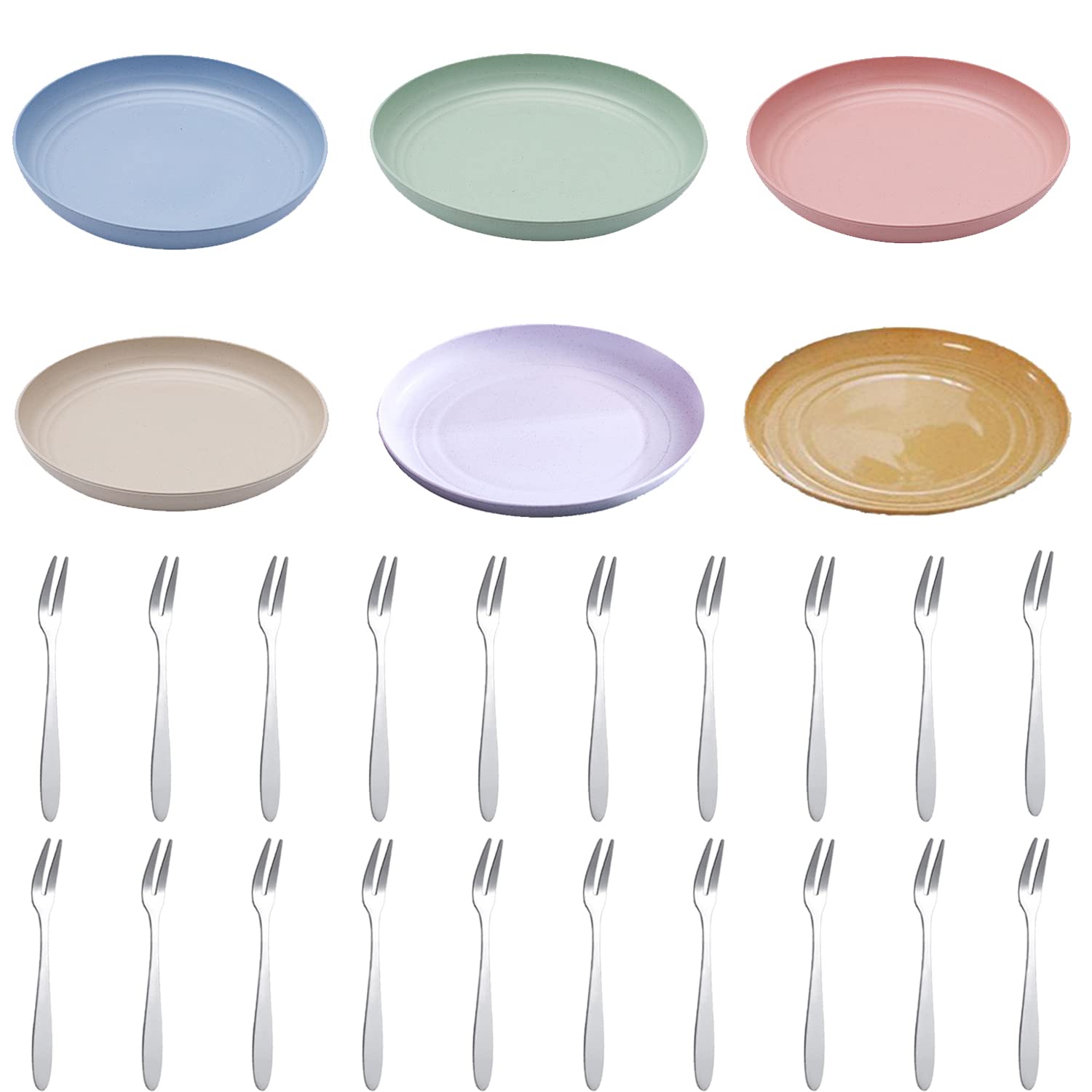 Eco-Friendly Wheat Straw Dinner Plates Set - 6 Unbreakable Deep Plates & 20 Stainless Steel Forks | Reusable, Dishwasher & Microwave Safe | Lightweight Kids Plates for Picnics, Camping & Daily Use