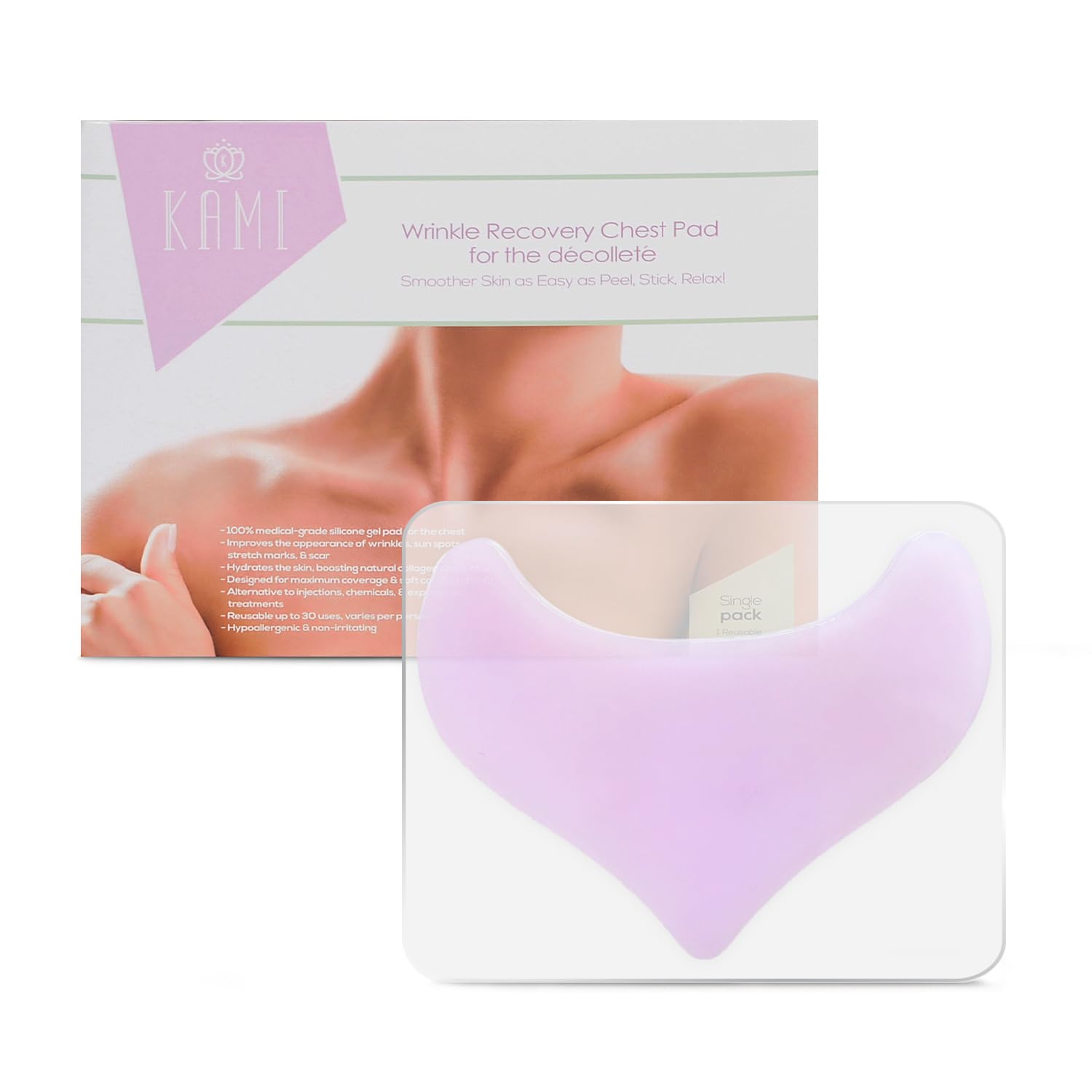 Kami Pure Silicone Gel Anti-Wrinkle Chest Patch - Anti-Aging Collagen Filler Pad for Decolette Area | Repairs, Hydrates & Smooths Skin | Botox Alternative | Single Pack | Perfect for Nighttime Skincare & Special Occasion Prep