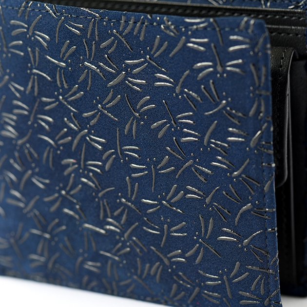 Japanese Deerskin Leather Fold Wallet with Urushi Lacquer - Dragonfly & Deep Indigo Design | Handmade in Japan | Premium Men's Wallet for Everyday Use & Gift Giving