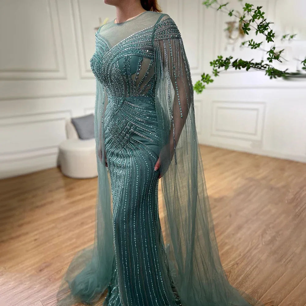 Serene Hill Luxury Nude Arabic Mermaid Evening Gown with Cape Sleeves & Beaded O-Neck - Elegant Wedding Party Dress for Women 2025 (LA72012) | Perfect for Bridal Showers, Red Carpet Events & Formal Occasions