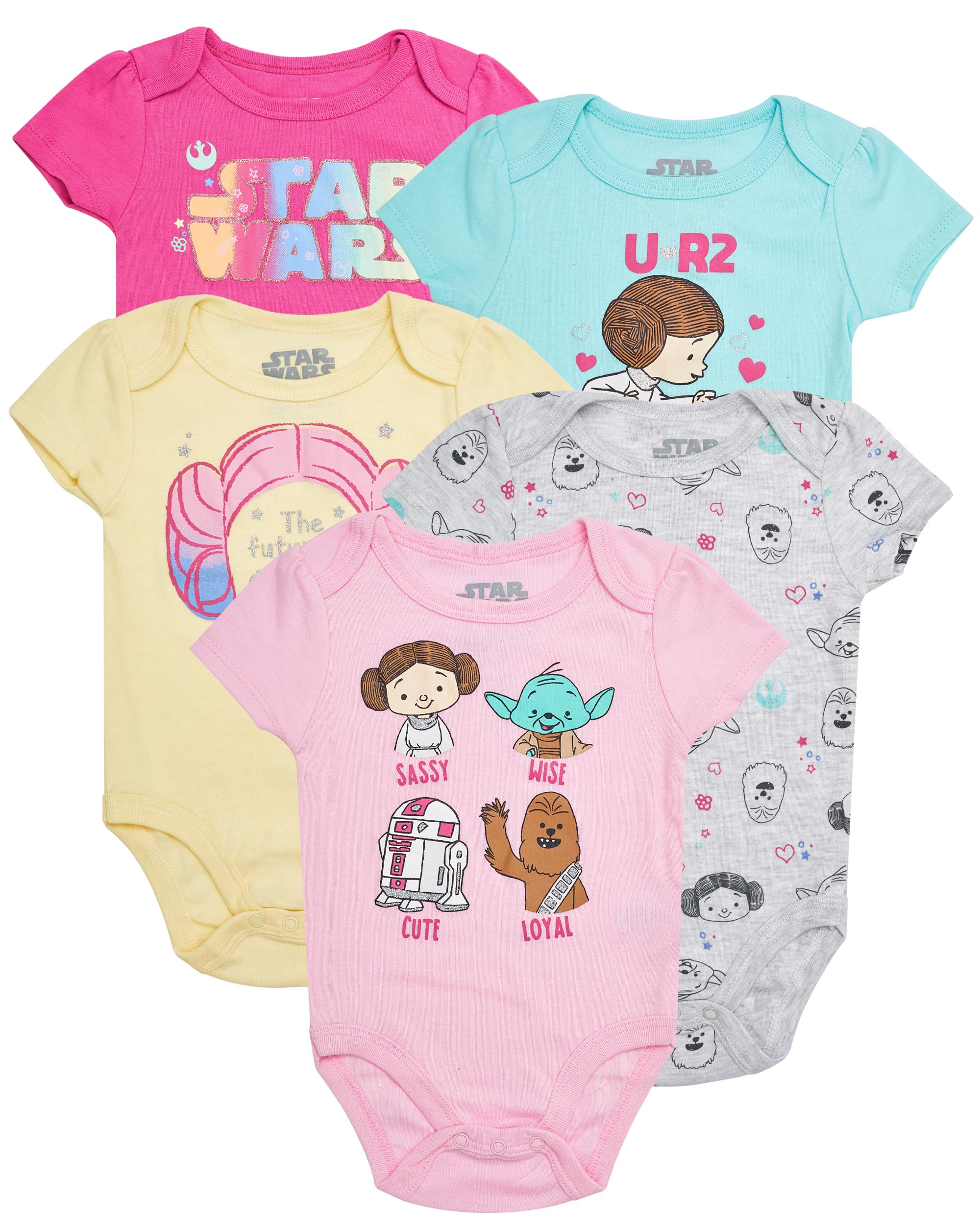 Star Wars Baby Girls Bodysuits 5-Pack - Cute Princess Leia, R2-D2 & Yoda Onesies | Soft Cotton Infant Bodysuits for Newborns & Toddlers | Perfect for Disney Themed Parties, Cosplay & Everyday Wear