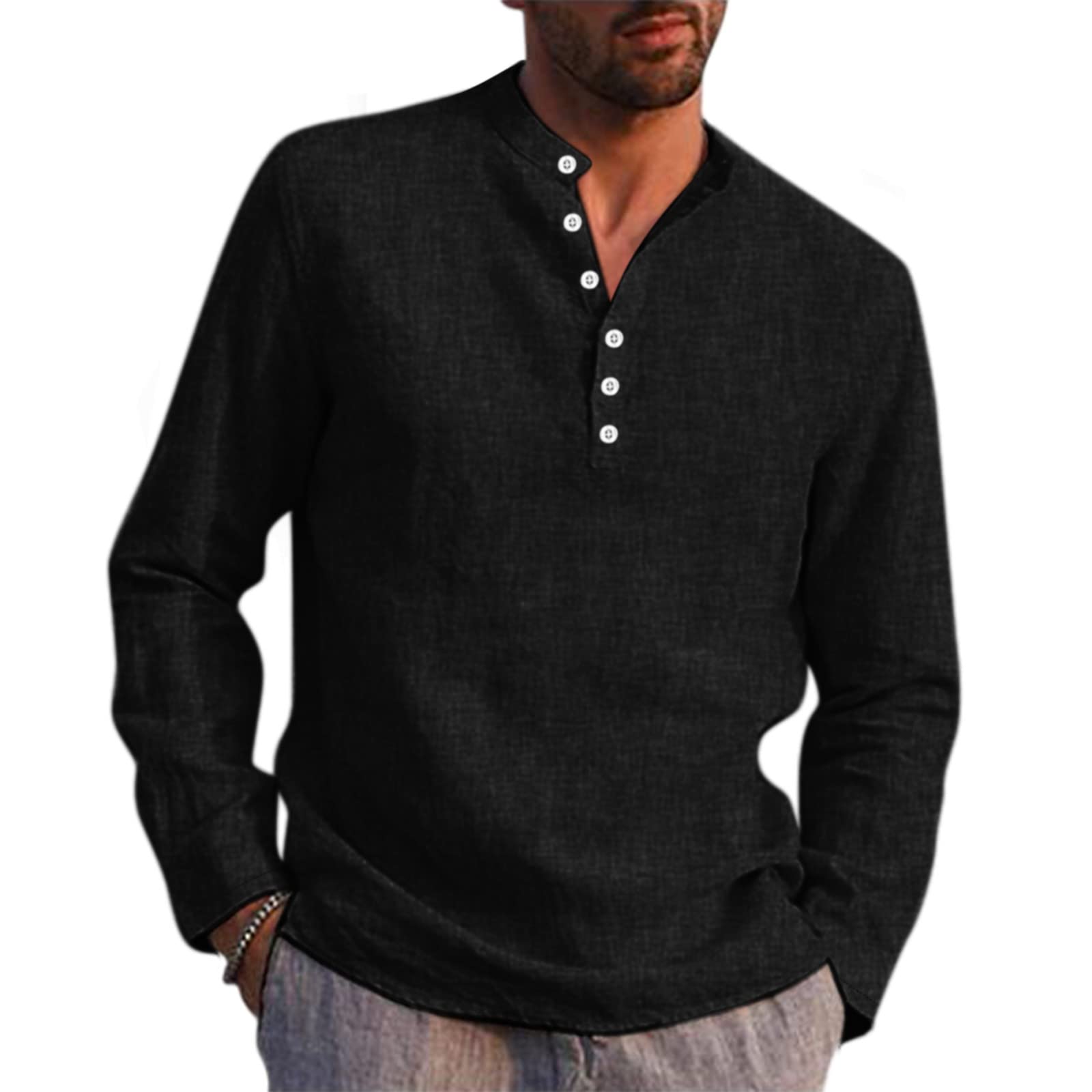 Men's Solid Color Round Neck Long Sleeve Button-Up Dress Shirt | Moisture-Wicking Dry Fit Formal & Casual Shirt for Office, Wedding & Everyday Wear