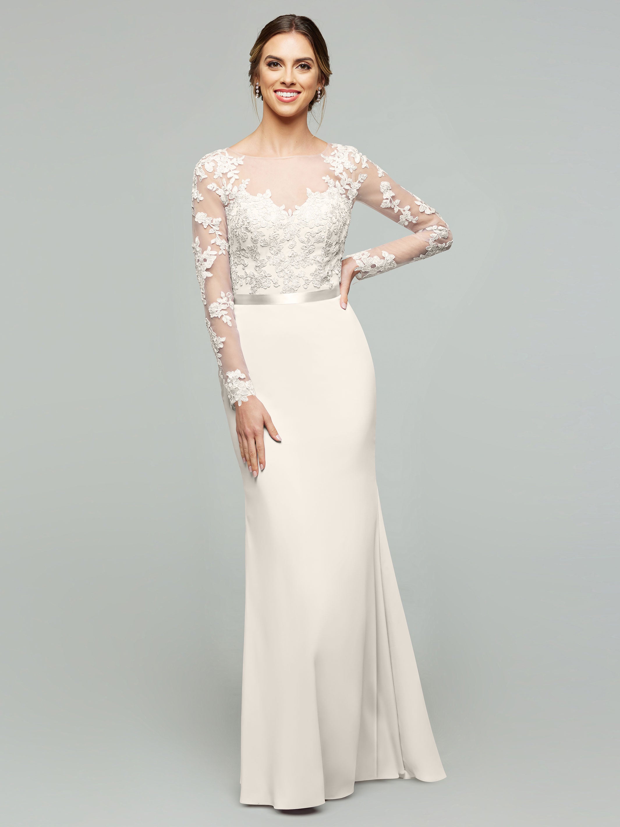 Elegant 80190 Chiffon & Lace Mermaid Bridesmaid Dress with Illusion Long Sleeves - Perfect for Weddings, Proms & Formal Events