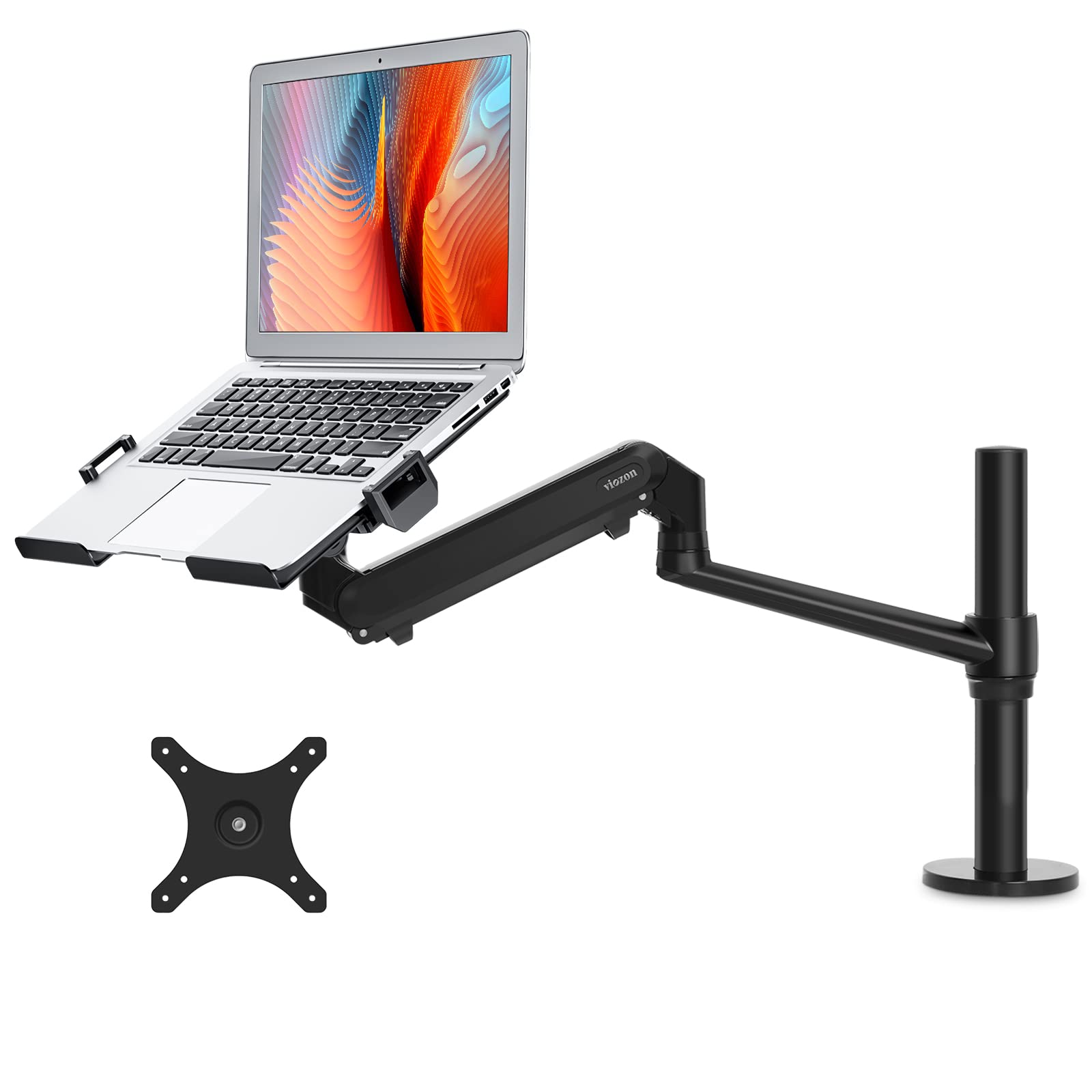 Viozon Adjustable Gas Spring Monitor Arm Stand with Laptop Tray - Heavy Duty Desk Mount for 17-32 Inch Computer Screens & 12-17 Inch Laptops - Perfect for Home Office, Gaming Setup and Workspace Ergonomics