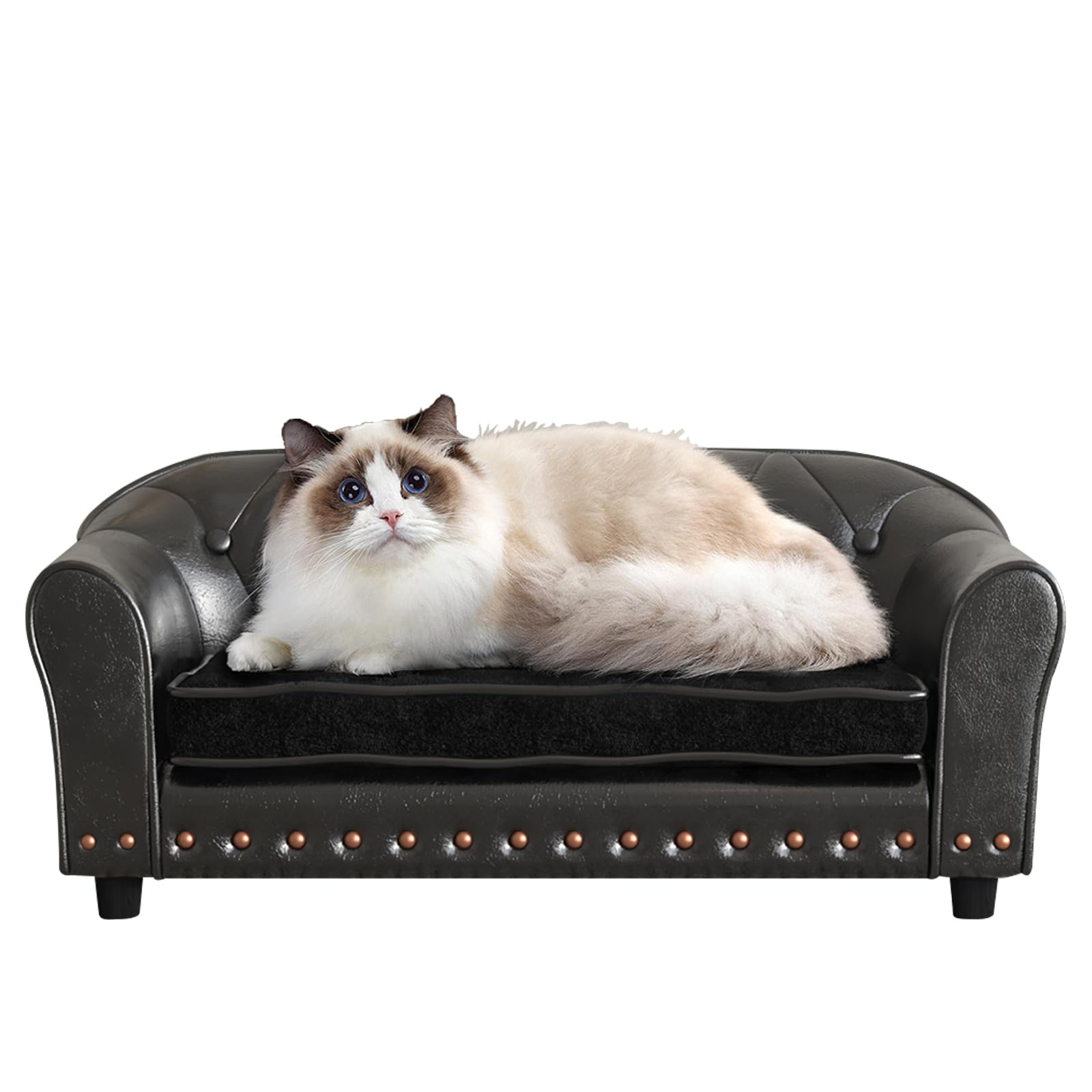 Premium Small Pet Couch Bed for Dogs & Cats - Wooden Frame with Copper Nails, Leather Fabric & Cushion - Cozy Sofa Chair for Puppies & Kittens - Perfect for Living Room, Bedroom or Pet Play Area (Black)