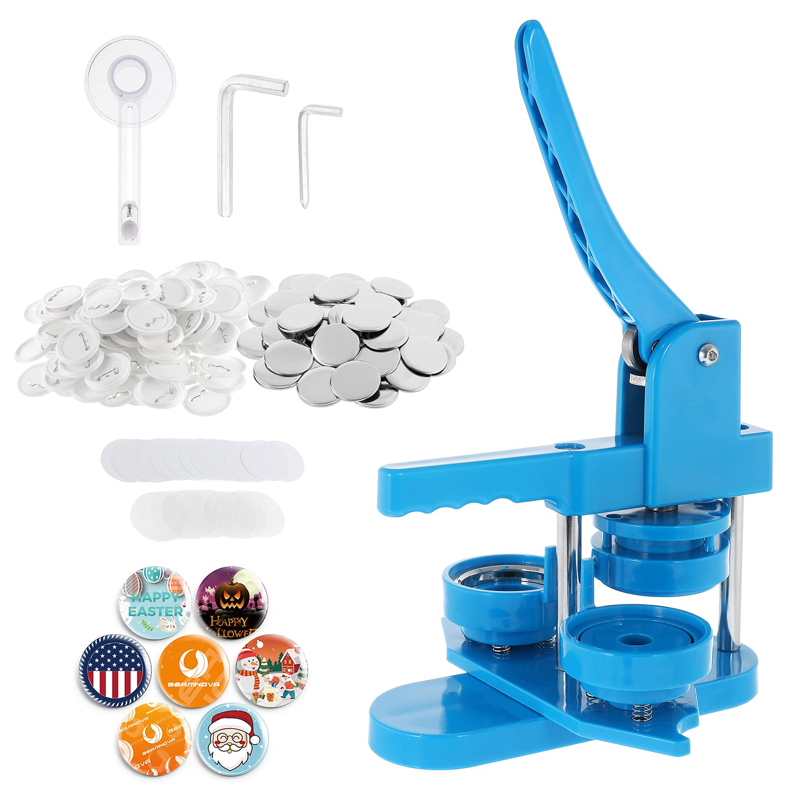 BEAMNOVA 58mm (2.28 Inch) Round Button Maker Machine Kit - Rotary Style Pin Badge Press with 200 Button Parts & Supplies (Blue) - Perfect for DIY Crafts, School Projects, Promotional Events & Custom Pins