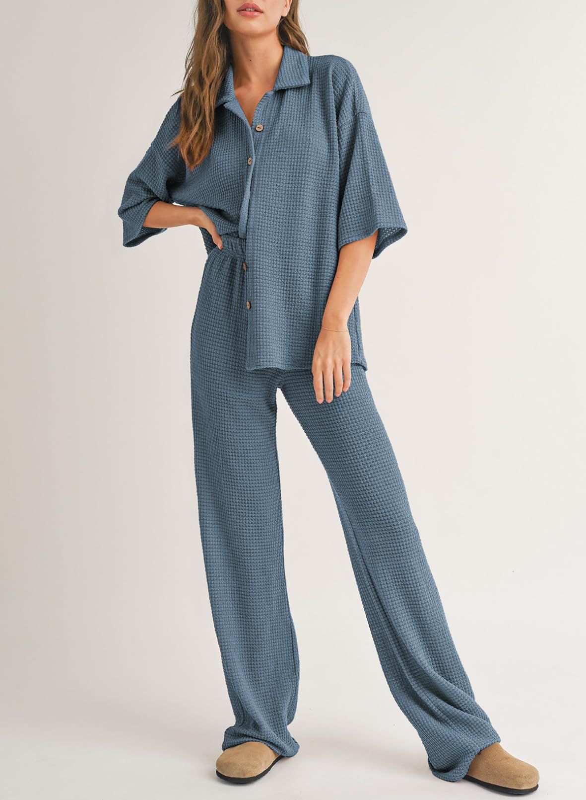 SHEWIN Women's 2 Piece Waffle Knit Lounge Set - Soft Short Sleeve Button Down Sleepwear & Pajama Outfit for Home, Travel & Relaxation | Comfortable Casual Loungewear Set