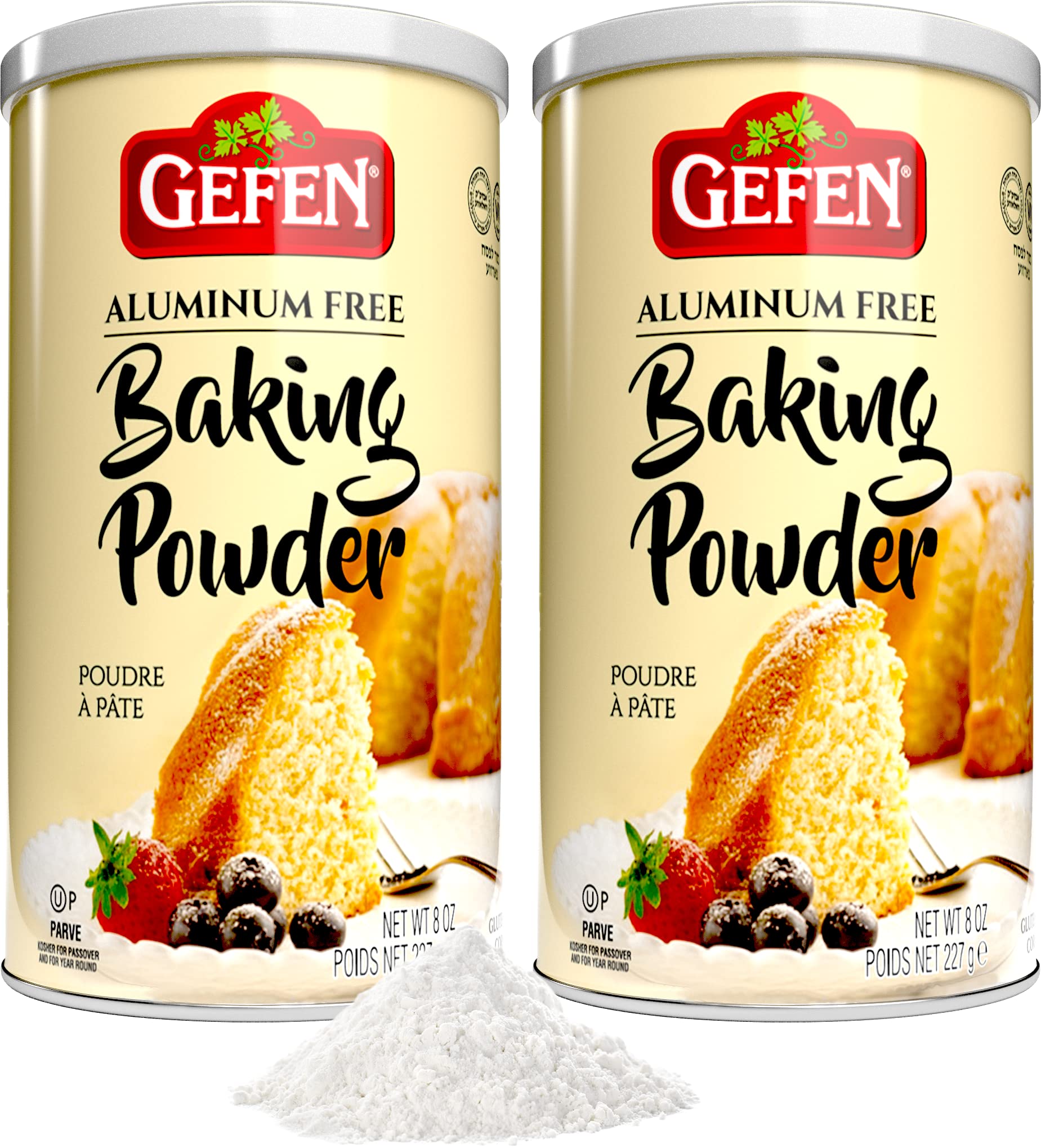 Gefen Aluminum Free Baking Powder, 8oz (2 Pack) - 1LB Total | Gluten Free, Cornstarch Free | Resealable Canister for Freshness | Perfect for Cakes, Cookies, Pancakes & Homemade Breads