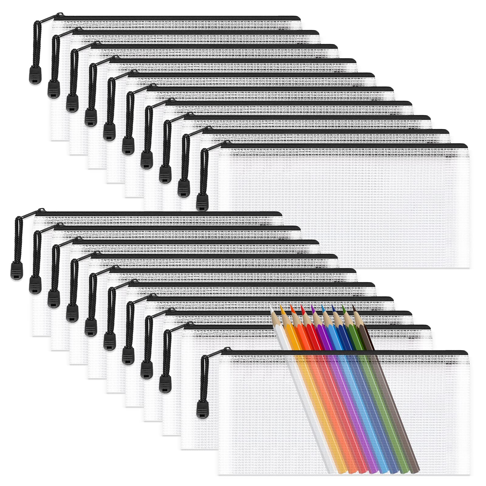 Umriox Clear Mesh Zipper Pouch - 20 Pack Black A6 Pencil Bags for School Office Travel Storage