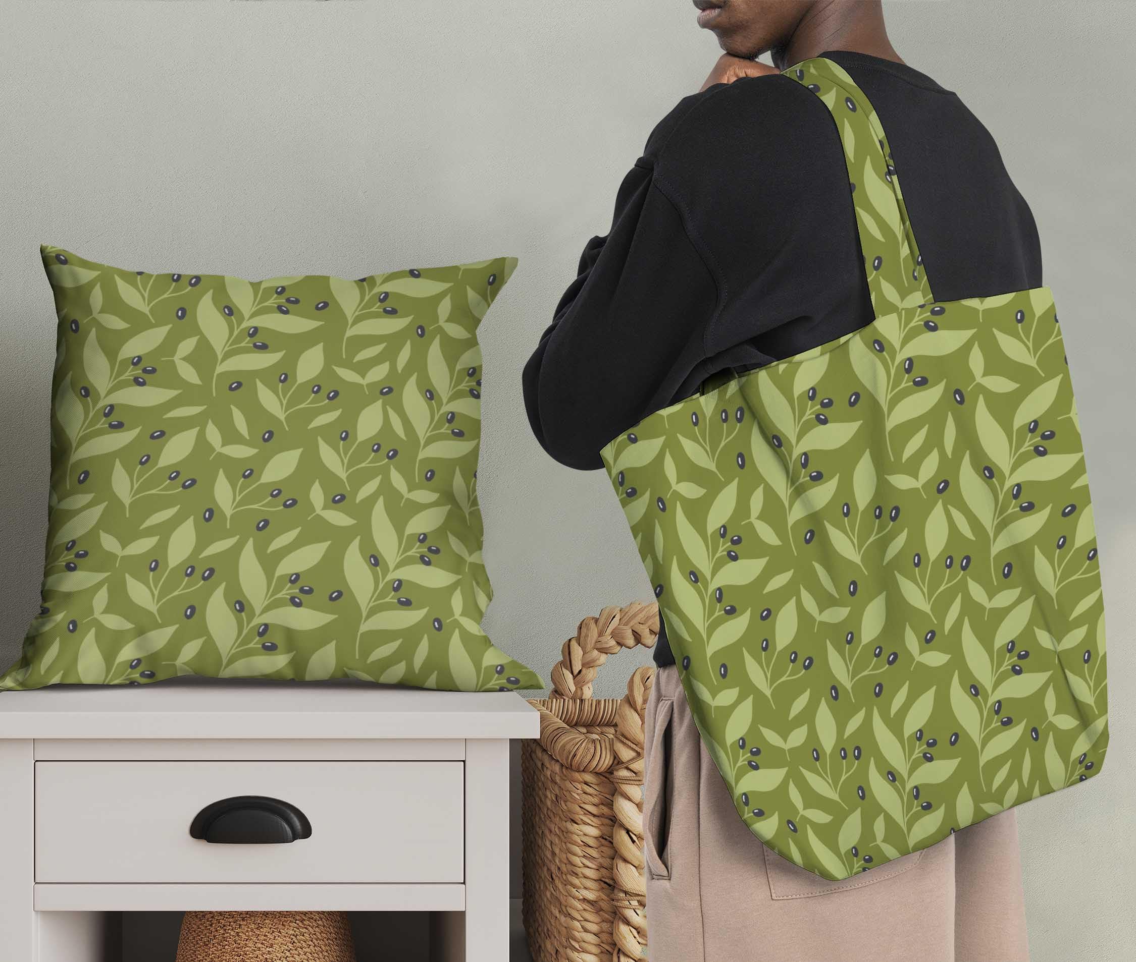 Soimoi Moss Georgette Green Fabric by The Yard - 42 Inch Wide Printed Fabric with Black Berries & Leaves Design - Bold Striking Patterns for Dresses, Scarves, Curtains & Home Decor