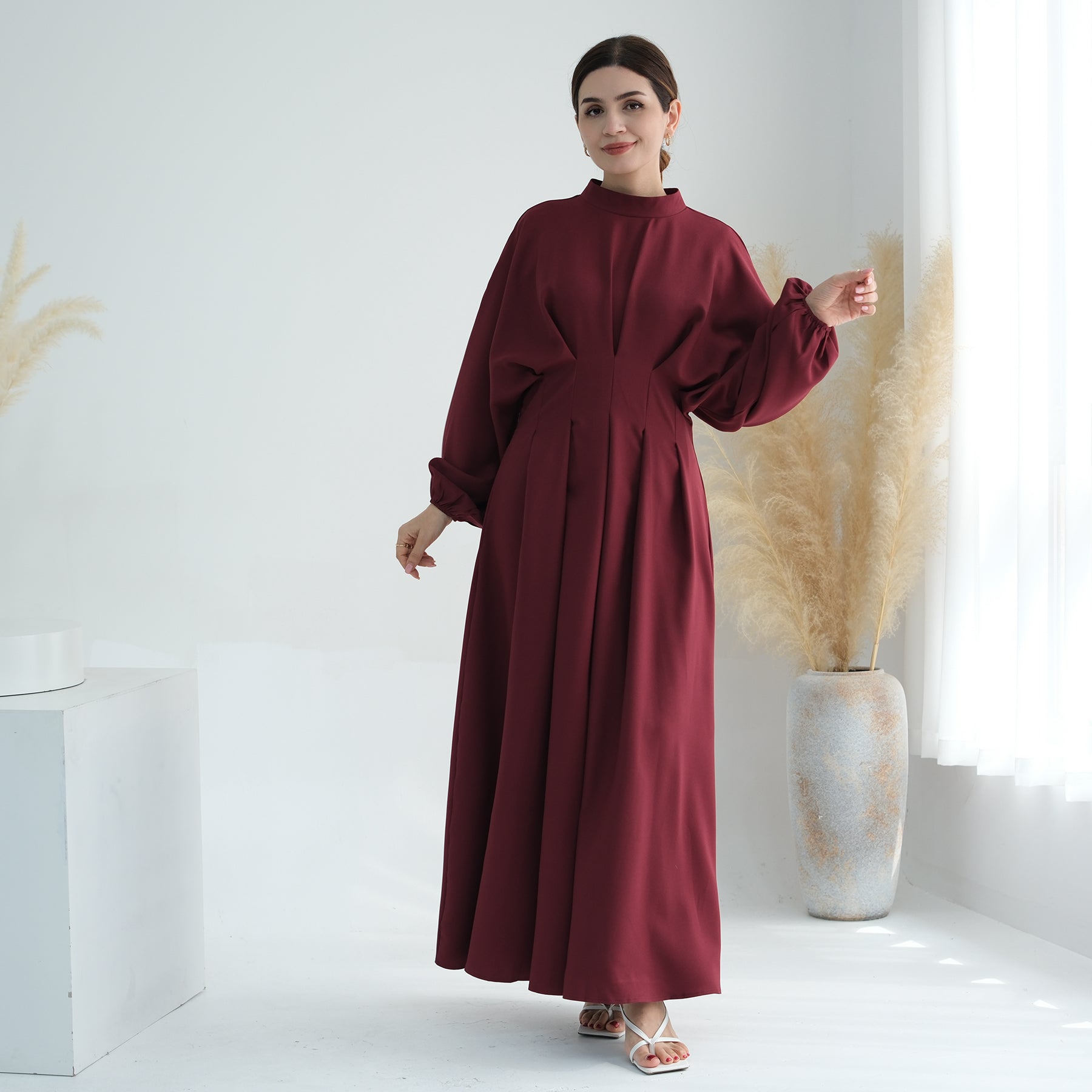 Madison Long Sleeve Maxi Dress for Women - Elegant Wine Red Flowy Formal Gown with Side Slits, Perfect for Weddings, Parties & Special Occasions