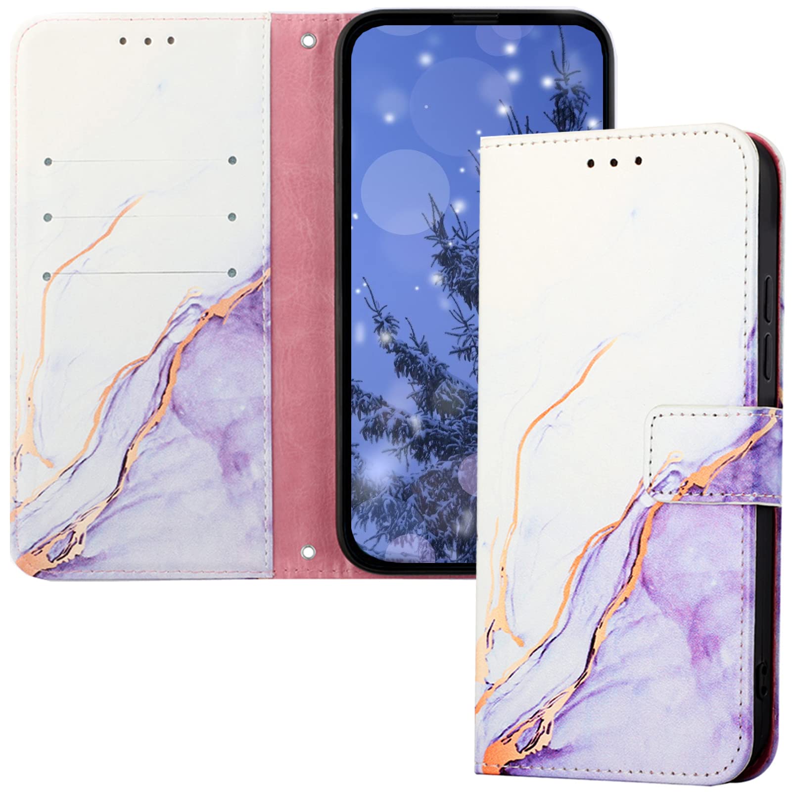 Premium Shockproof PU Leather Flip Case for iPhone 13 Mini - Marble White & Purple | Slim Protective Cover with Card Slot | Perfect for Work, Travel & Everyday Use