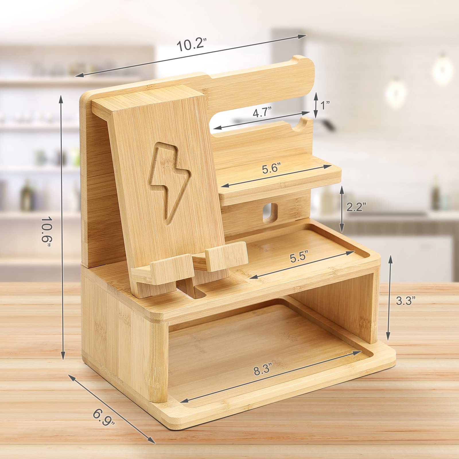 Bamboo Charging Station - Multi-Device Docking Organizer for Phone, Smartwatch, Tablet & Keys | Nightstand Storage for Electronics | Perfect Gift for Men, Women, Father & Husband | Home & Office Use