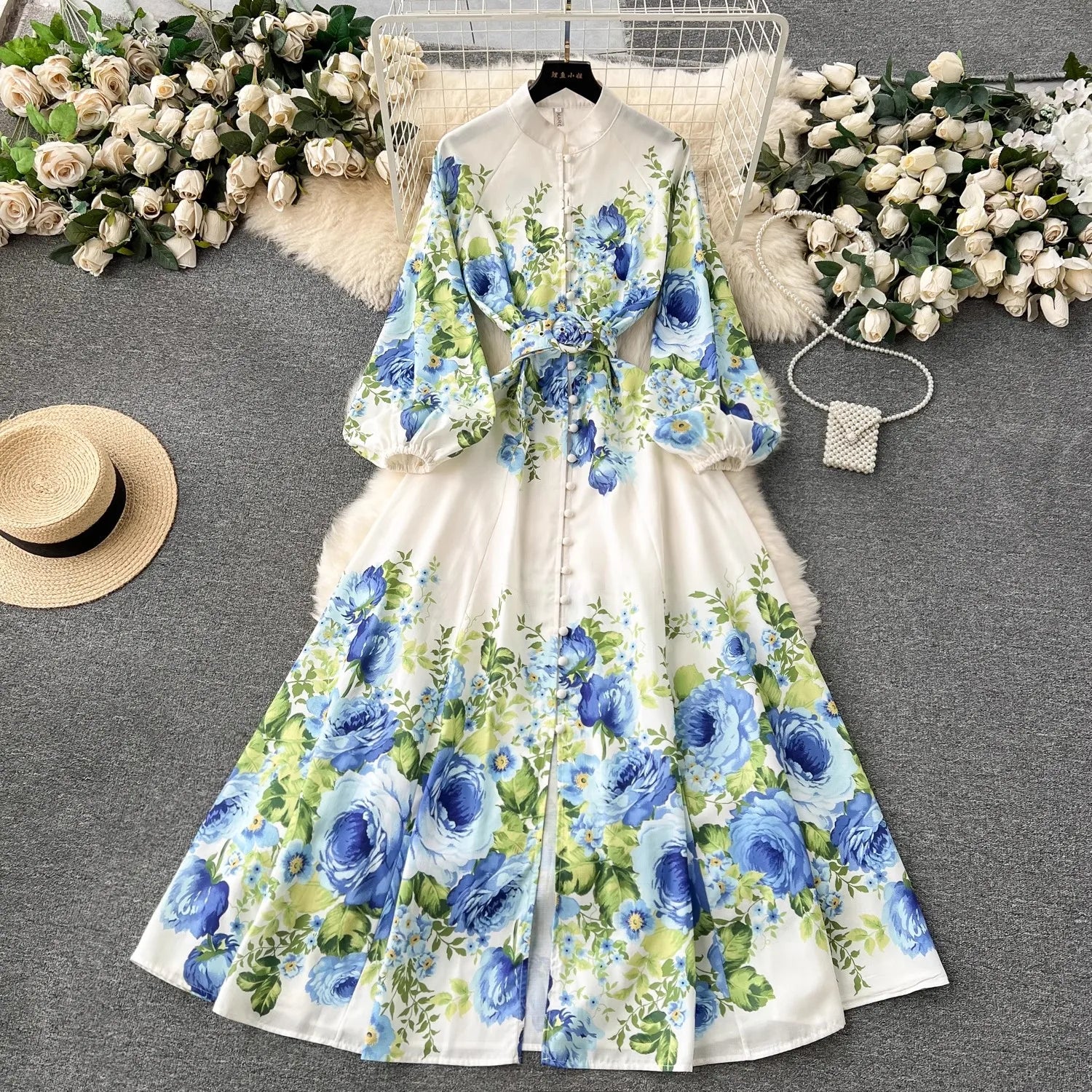 Bohemian Floral Print Linen Dress for Women - Elegant Long Lantern Sleeve Maxi Dress with Belt, Spring Summer Beach Wedding Party Outfit