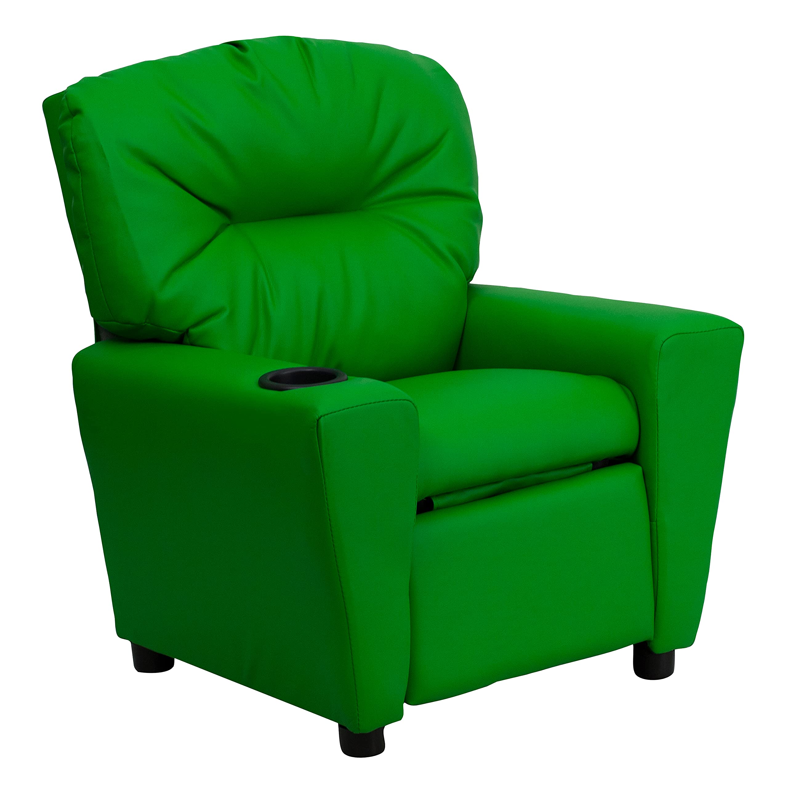 Emma & Oliver Green Vinyl Kids Recliner Chair with Cup Holder - Comfortable Children's Lounge Chair for Playroom, Bedroom or TV Time