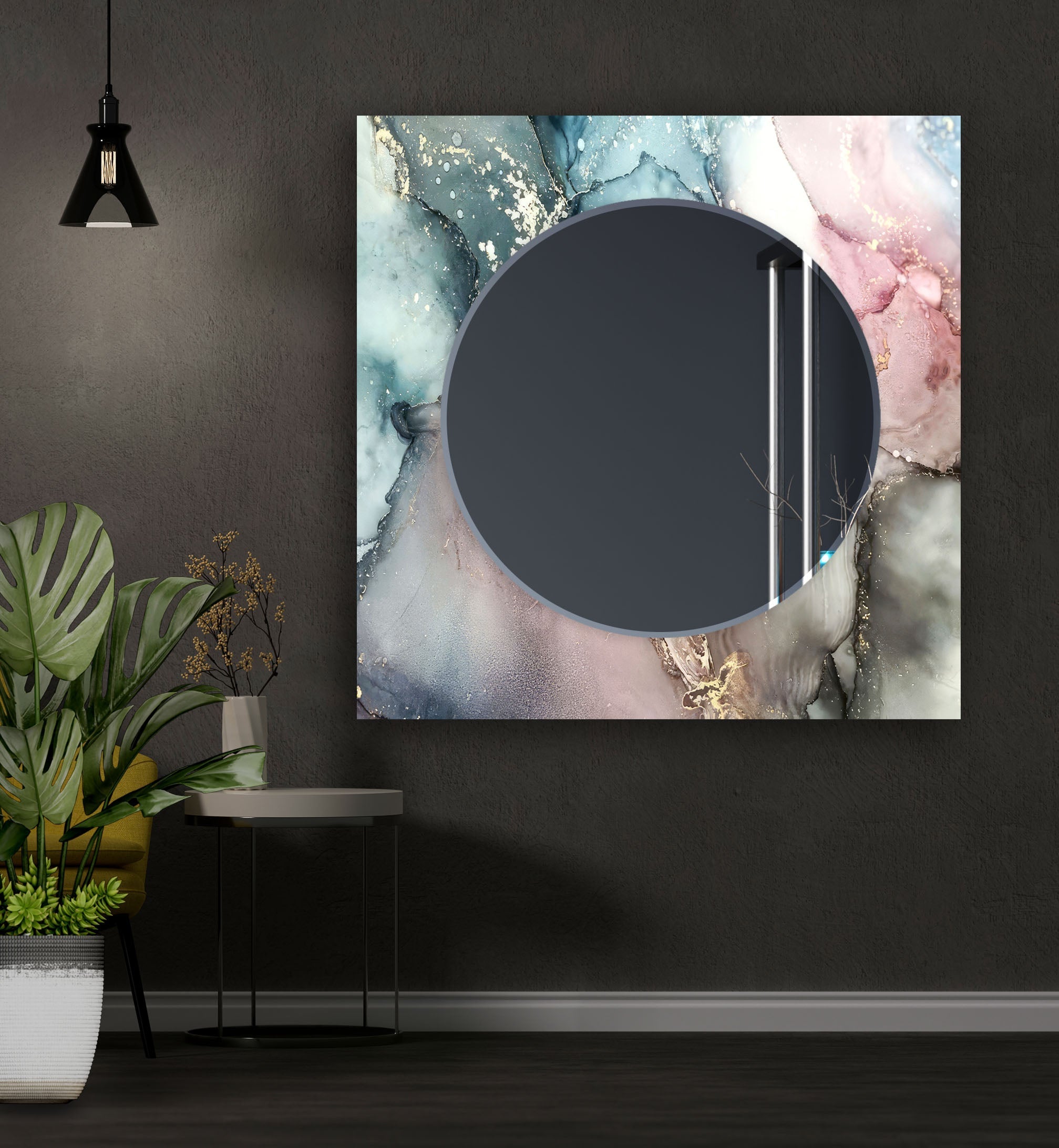 Stylish Blue and Pink Round Wall Mirror - Decorative Home Decor for Living Room, Bedroom, Bathroom | Perfect for Vanity, Entryway, and Dressing Area