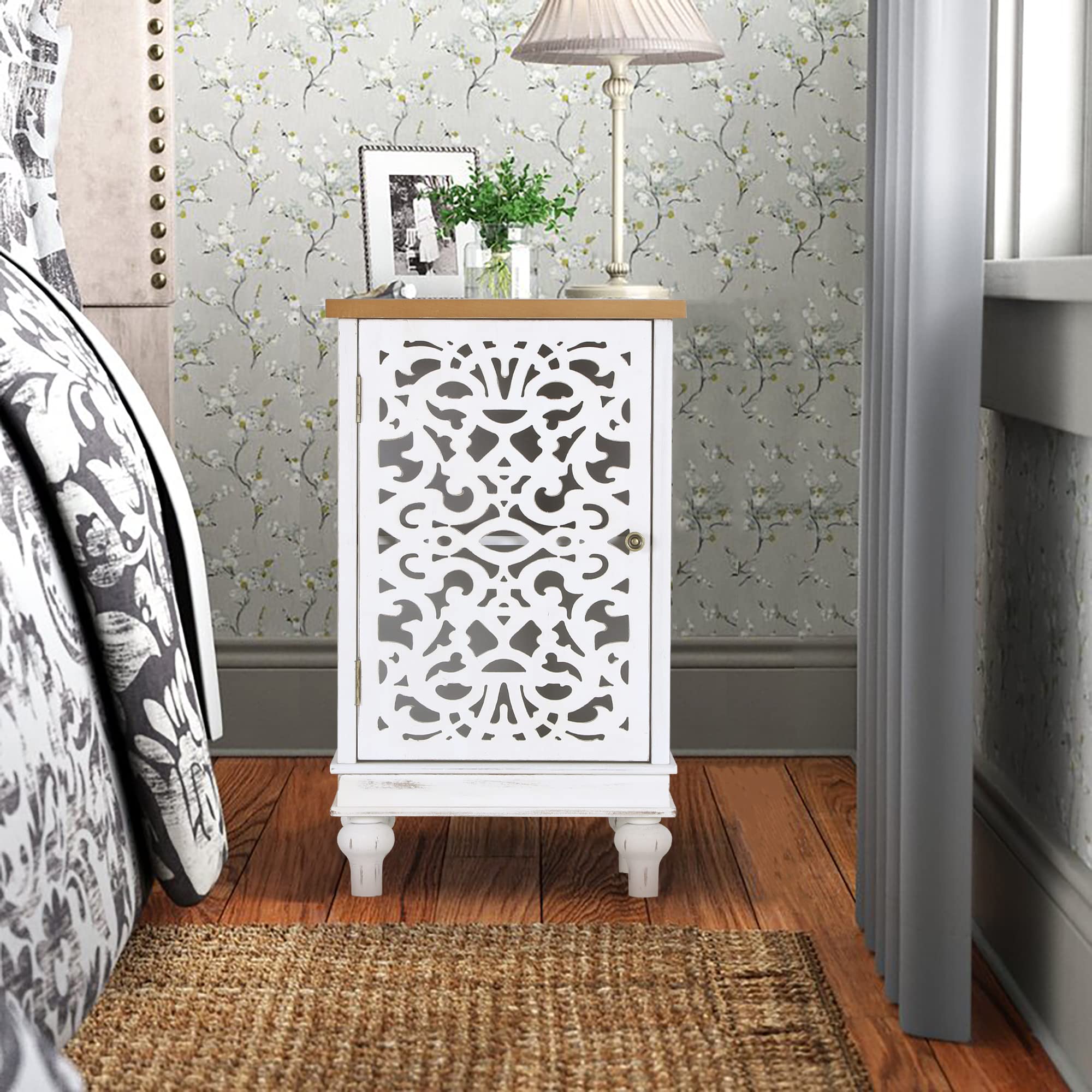 PHI VILLA Small Accent Storage Cabinet with Single Door - White Decorative Nightstand for Living Room & Bedroom, End Side Table with Storage | Perfect for Organizing Books, Blankets & Bedroom Essentials