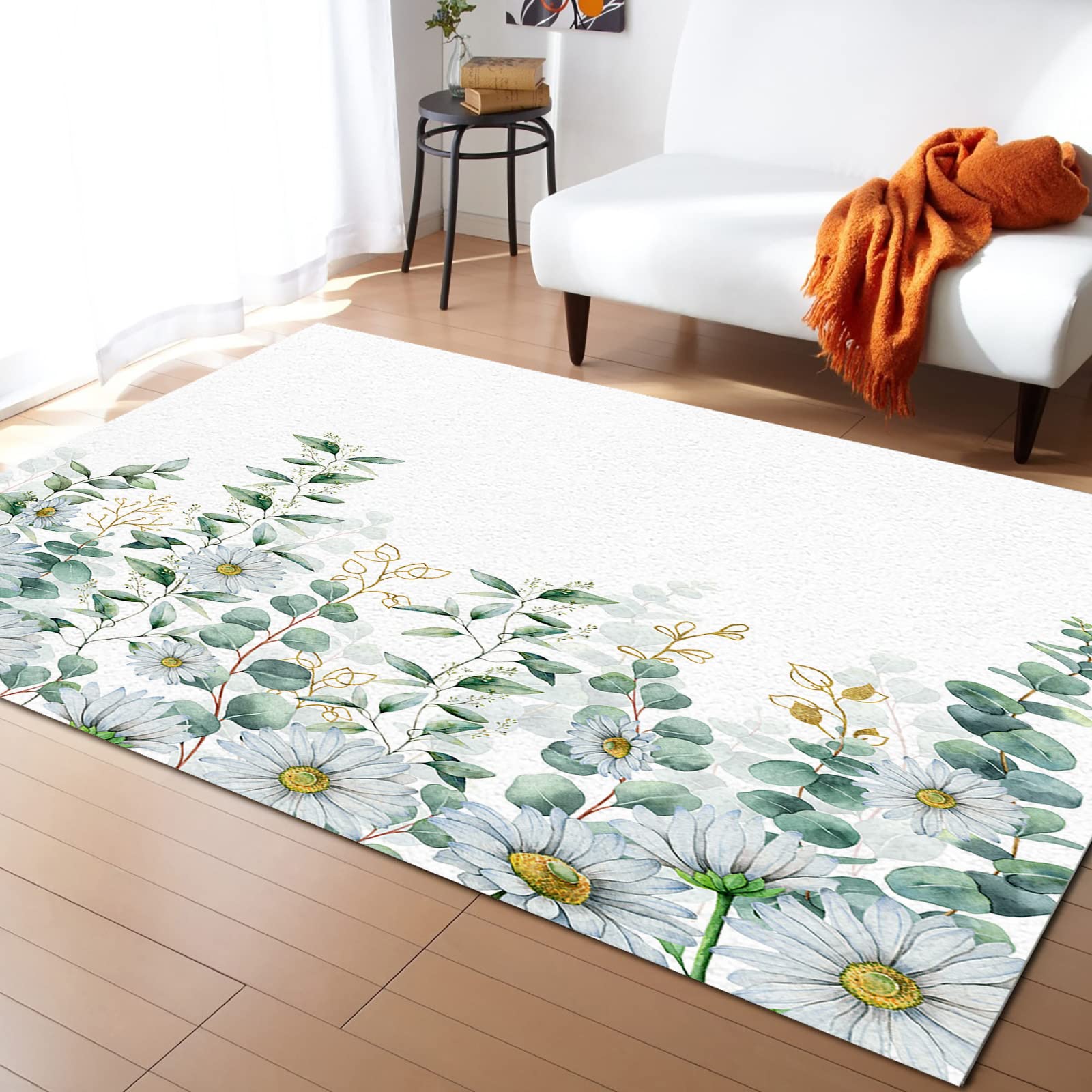 3' x 5' Eucalyptus Leaves Area Rug - Non-Slip Indoor Accent Rug with Watercolor Daisy Floral Design in Teal | Perfect for Bedroom, Living Room, Kitchen Runner & Bathroom Mat | Washable & Durable Home Decor Carpet