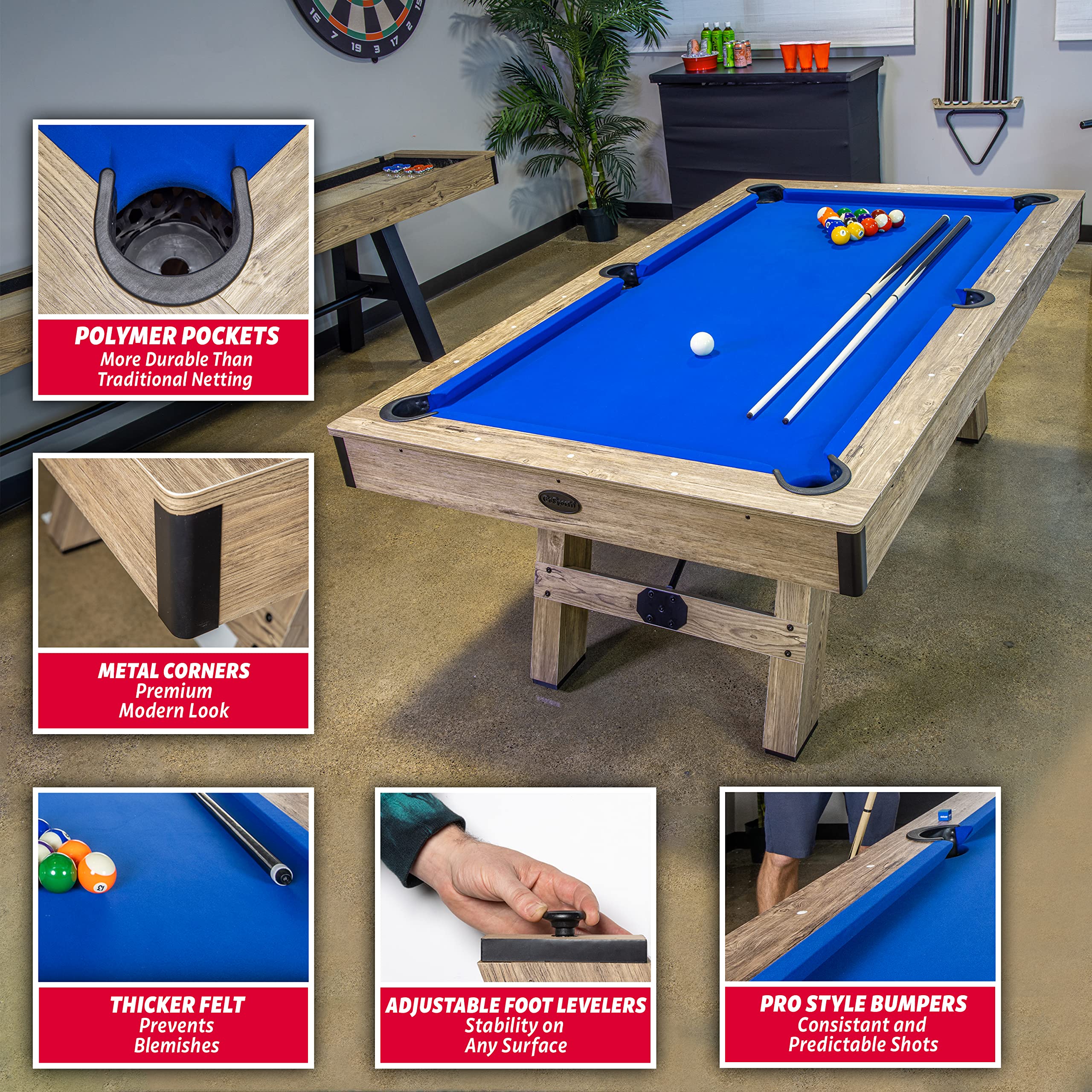 GoSports 7 ft Wooden Pool Table with 2 Cue Sticks, Balls, Rack & Accessories - Modern Billiards Table for Home Game Room, Bar or Office Entertainment