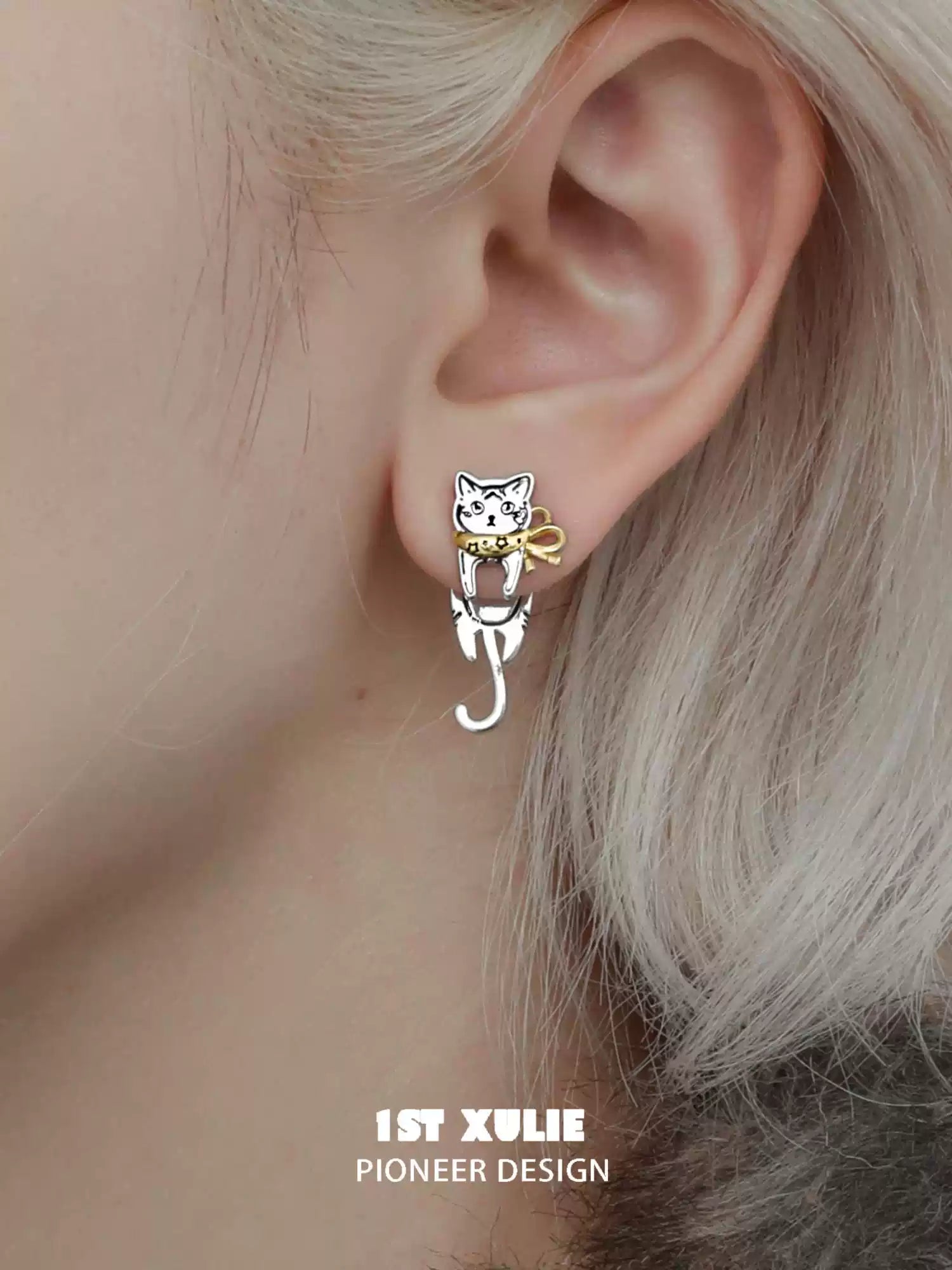 Graffiti Kitten S925 Sterling Silver 18K Gold Plated Cat Earrings for Women - Perfect Gift for Cat Lovers, Birthday, Anniversary & Everyday Wear