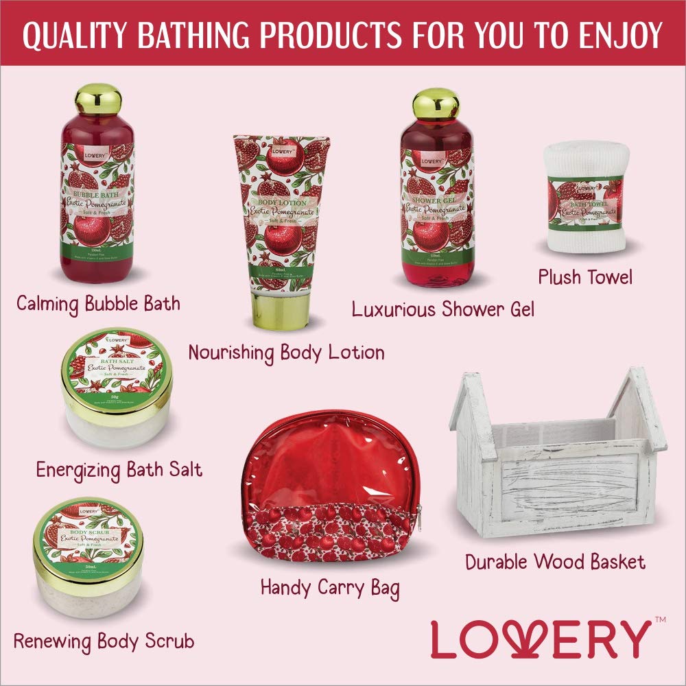 Luxury 8-Piece Spa Gift Set for Women - Exotic Pomegranate Scented Bath & Body Care (Shower Gel, Bubble Bath, Lotion, Bath Salt, Body Scrub, Towel & Cosmetic Bag) - Perfect Housewarming Gift, Bridal Shower Present & Relaxing Self-Care Treat