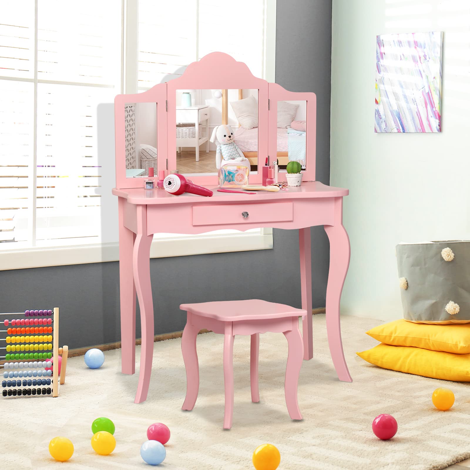 Honey Joy Kids Vanity Set with Mirror & Stool - Wooden Toddler Makeup Table for Girls (Pink) - Perfect for Pretend Play & Room Decor