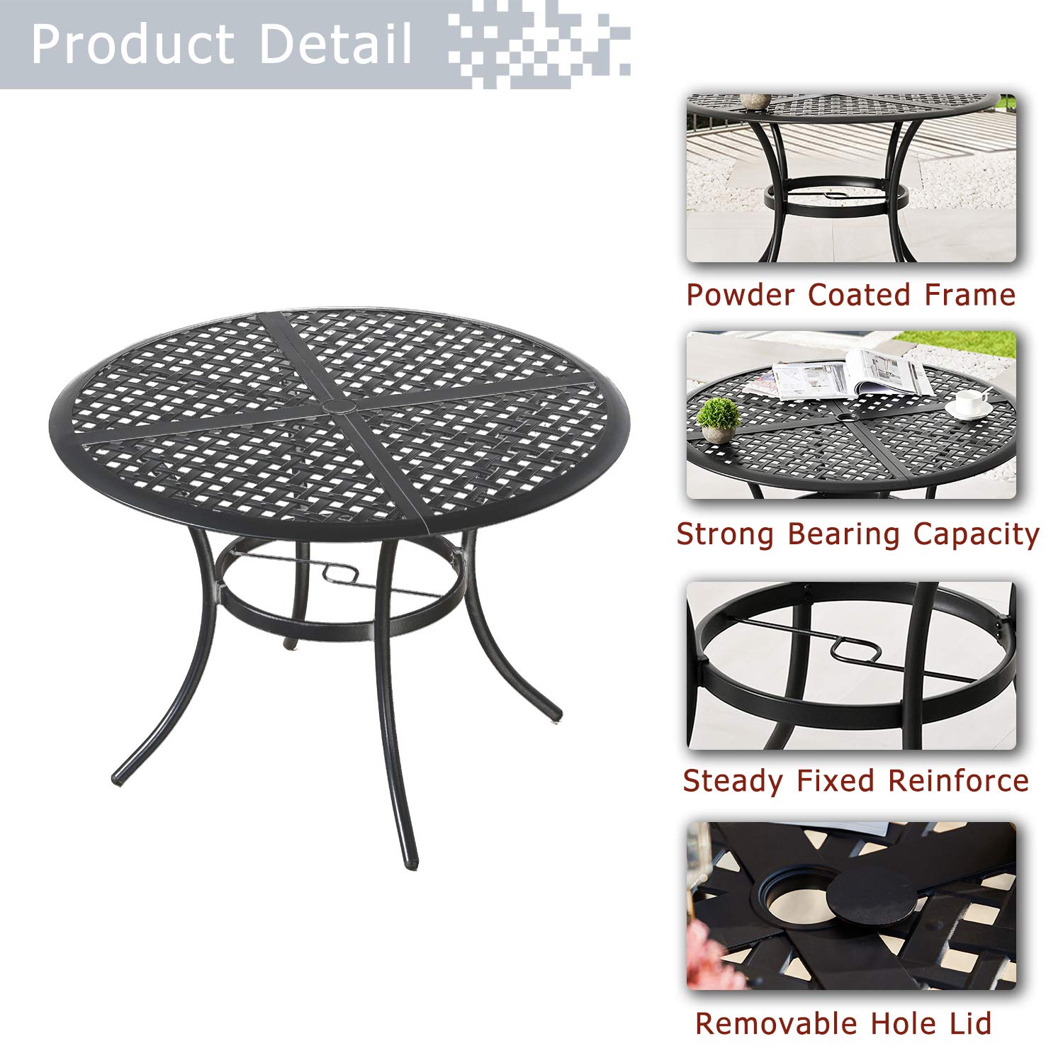 5-Piece Outdoor Patio Dining Set with All-Weather Bistro Chairs & Cushions - Round Metal Table with Umbrella Hole - Perfect for Deck, Lawn, Garden, Poolside & Backyard Entertaining (Black/Grey) | Festival Depot