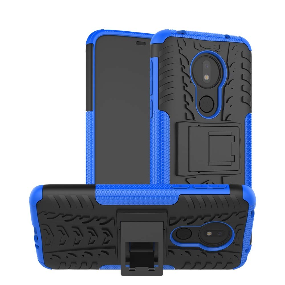 Durable Shockproof Motorola Moto G7 Power Phone Case - TPU+PC Hybrid Tire Texture Design with Kickstand (Black/Blue) | Perfect for Outdoor Activities, Work & Everyday Protection