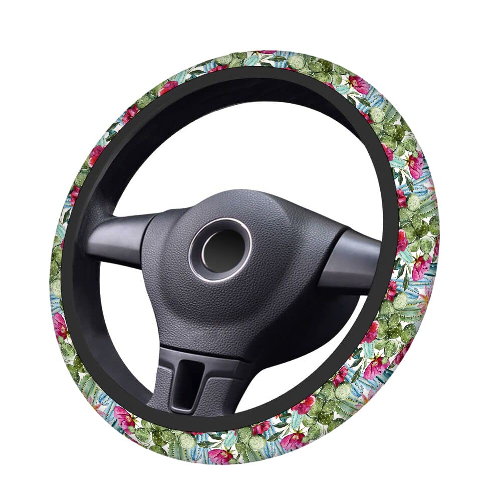 Swono Tropical Flowers Roses and Cactus Steering Wheel Cover - 15 Inch Universal Fit Anti-Slip Fabric Protector for Cars, SUVs, Sedans | Perfect for Summer Road Trips and Beach Getaways
