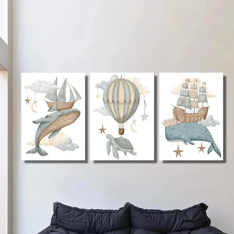 3-Piece Flying Whale, Turtle & Sailing Ship Metal Wall Art Prints - Ready to Hang Home Decor for Living Room, Bedroom & Office