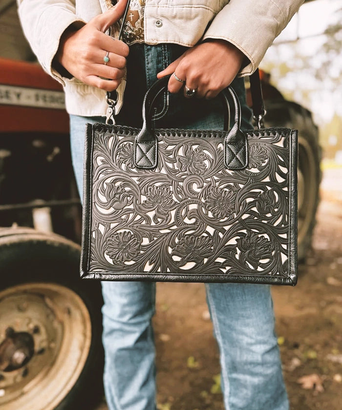 Trinity Ranch Floral Tooled Leather Tote Bag for Women - Western Style Handbag for Work, Travel & Shopping