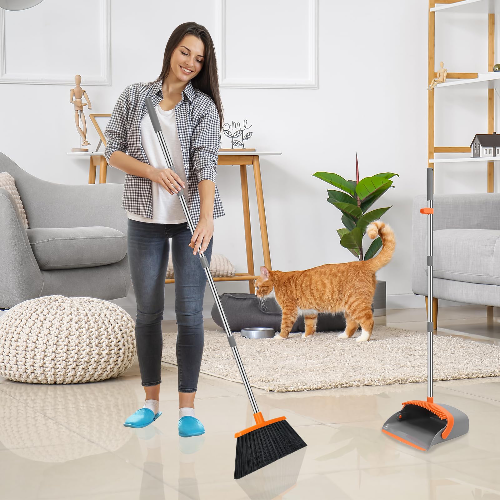 52-in Long Adjustable Handle Broom and Dustpan Set with Teeth for Hair Cleaning - Gray & Orange | Ideal for Home, Kitchen, Office & Hallway Floors