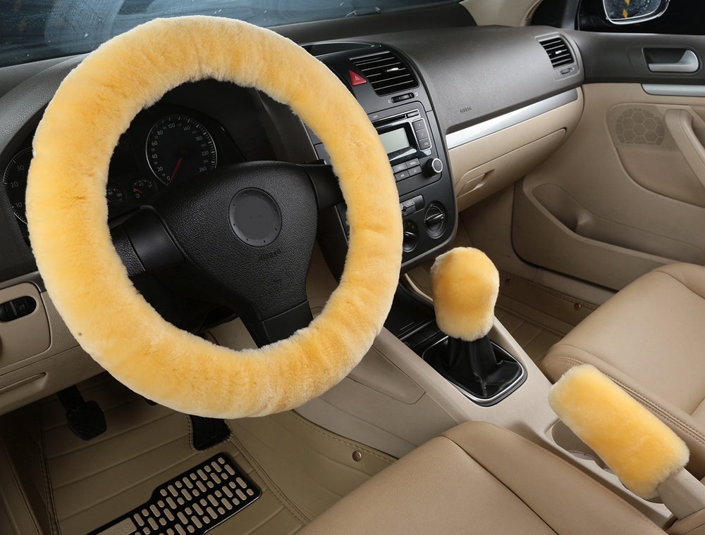 Dotesy Genuine Sheepskin Steering Wheel Cover Set - 3 Piece Auto Accessories (15 Inch, Beige) | Premium Australian Wool Car Steering Wheel Protector with Gear Shift & Handbrake Cover | Universal Fit for Most Vehicles | Perfect for Winter Warmth & Luxury Driving Comfort