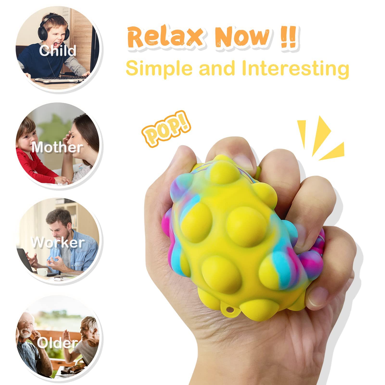 4 Pack 3D Pop Fidget Stress Balls - Sensory Toys for Kids & Adults, Autism Relief, Party Favors, Easter Basket Stuffers - Perfect for Stress Relief, Classroom Rewards and Sensory Play