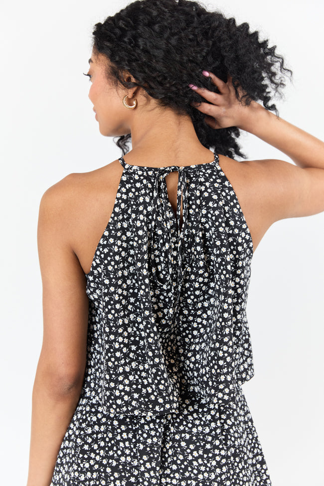 Black and White Daisy Print Halter Neck Romper for Women | Summer Casual Jumpsuit | Perfect for Beach Vacations, Music Festivals & Date Nights