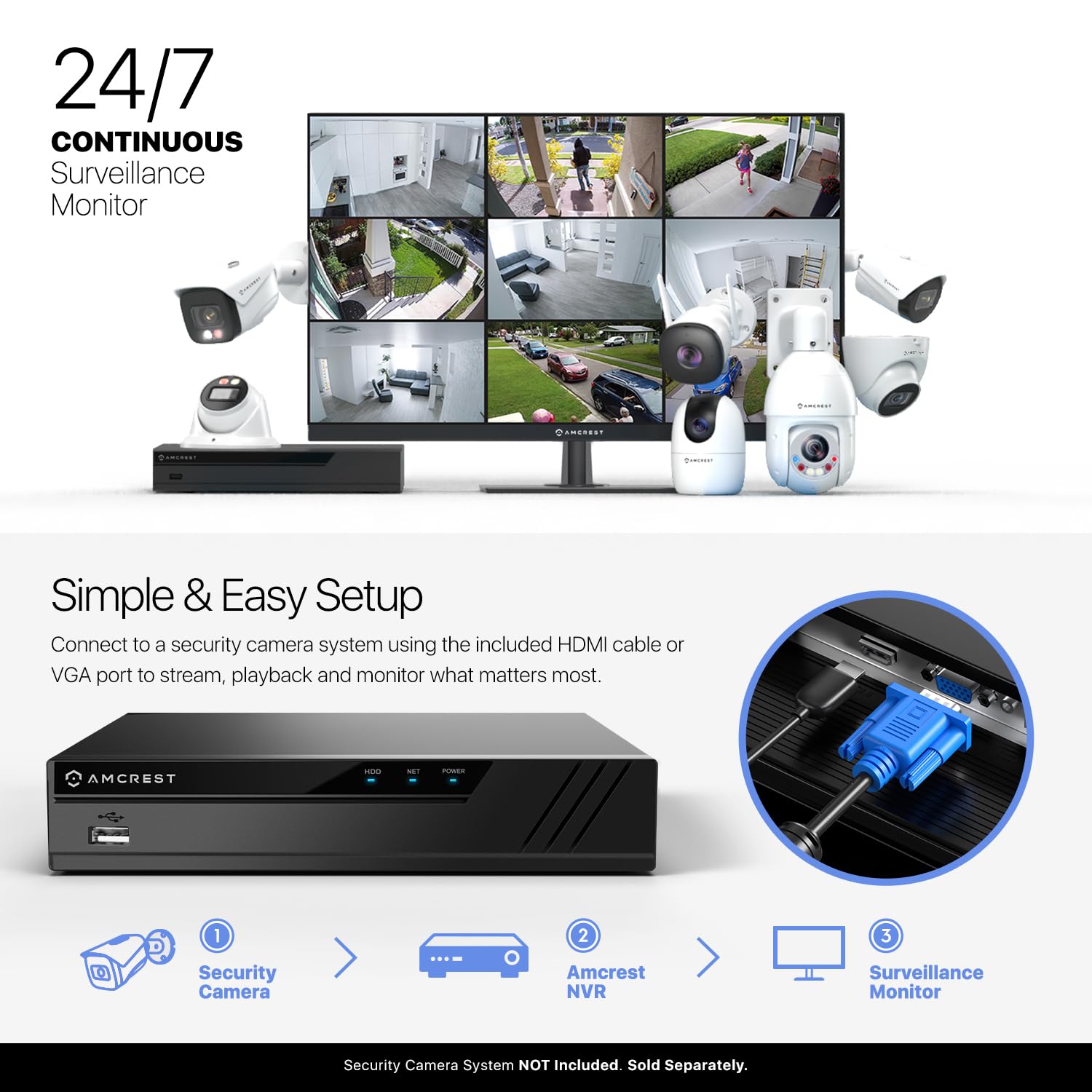 Amcrest 24 Inch 1080p FHD 60Hz Surveillance Monitor with HDMI & VGA, Micro Bezel Design, Built-in Dual Speakers - Ideal for Home Office Security, NVR/DVR Monitoring, and 24/7 Video Surveillance (AM-LM24)