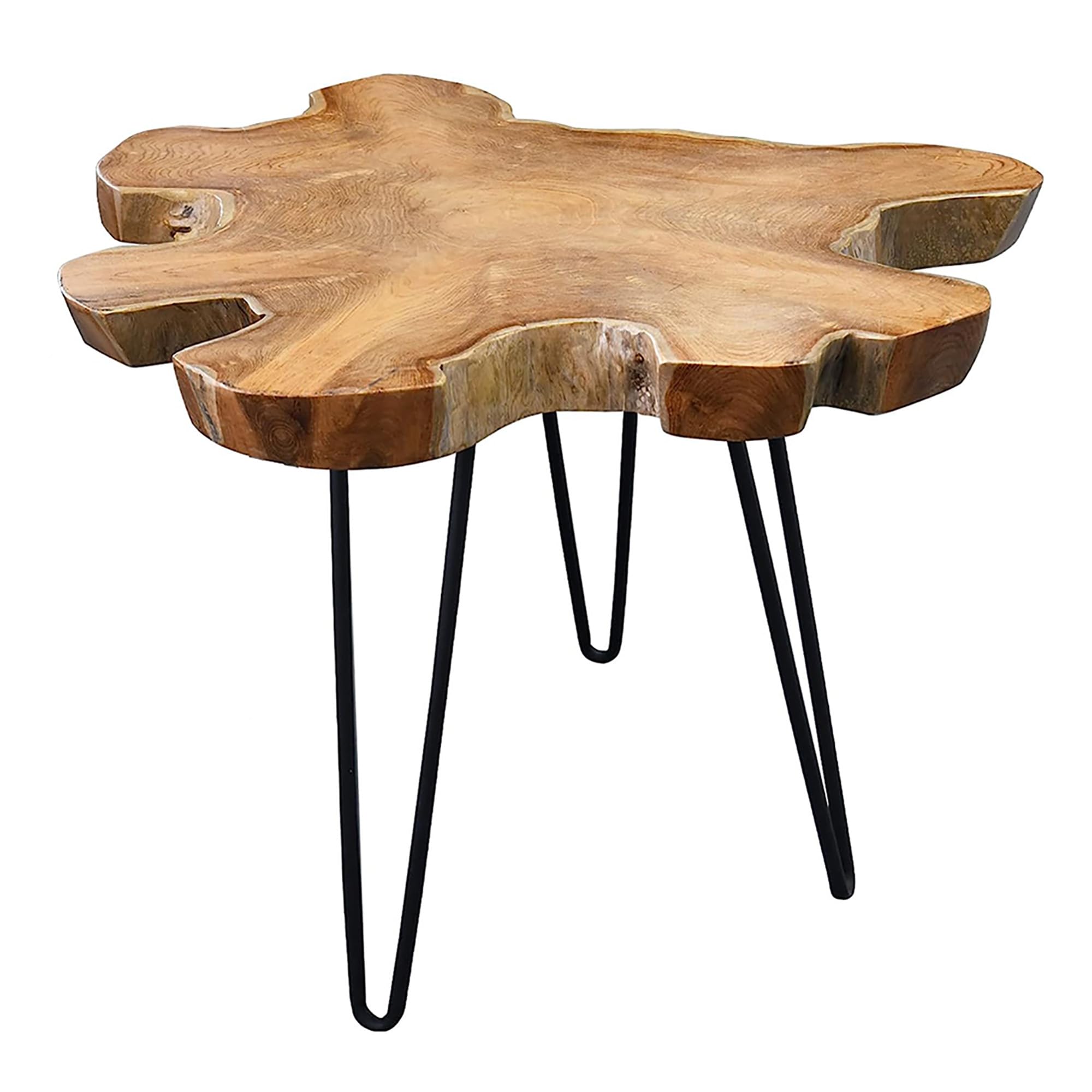 OMA Solid Teak Wood End Table with Live Natural Edge - Modern Rustic Accent Table for Living Room, Bedroom & Home Decor - Sturdy Hairpin Legs, Large Size - Perfect for Coffee Table Companion or Nightstand