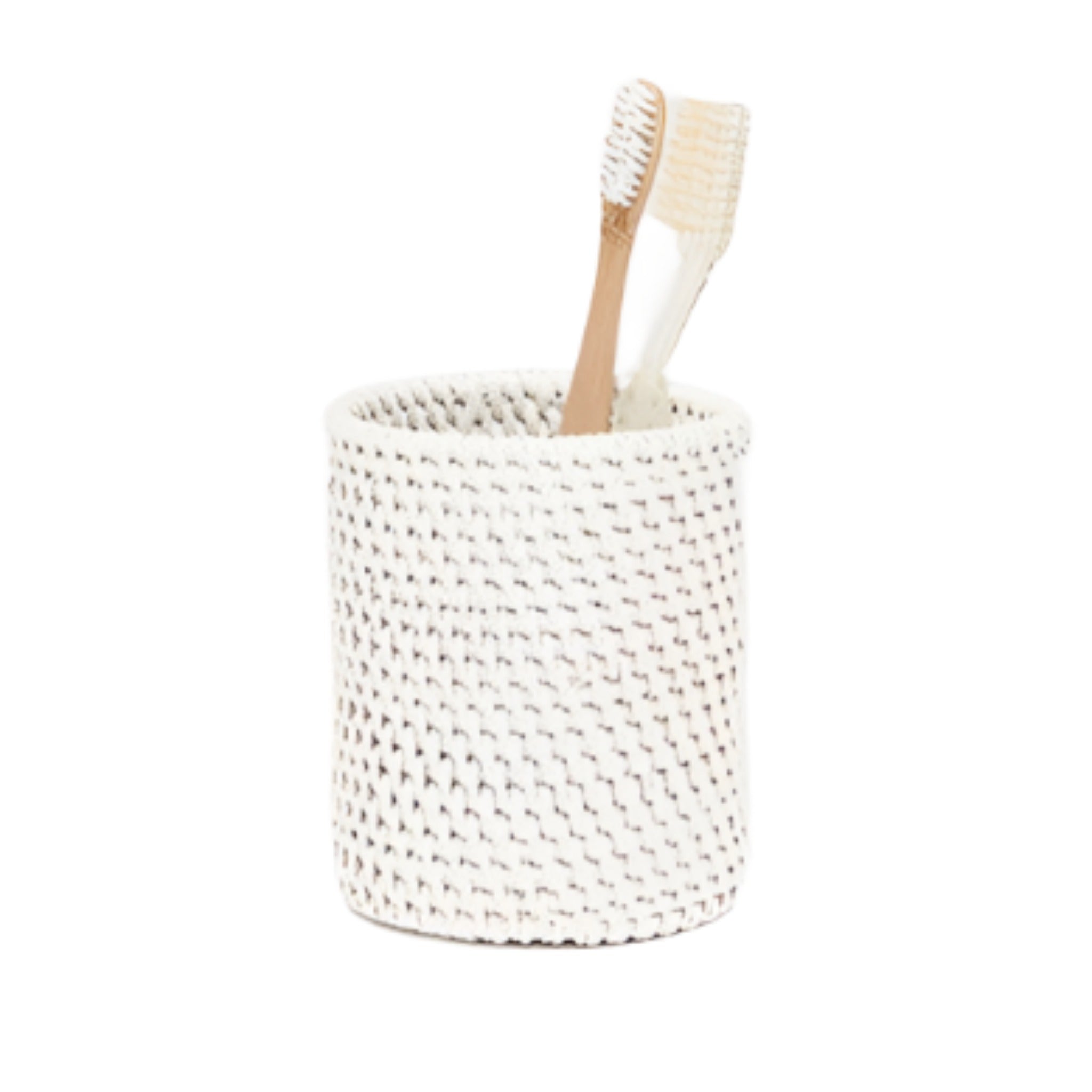 White Dalton Woven Rattan Toothbrush Holder - Bathroom Countertop Organizer for Toothbrushes, Razors & Makeup Brushes | Eco-Friendly Bath Accessory