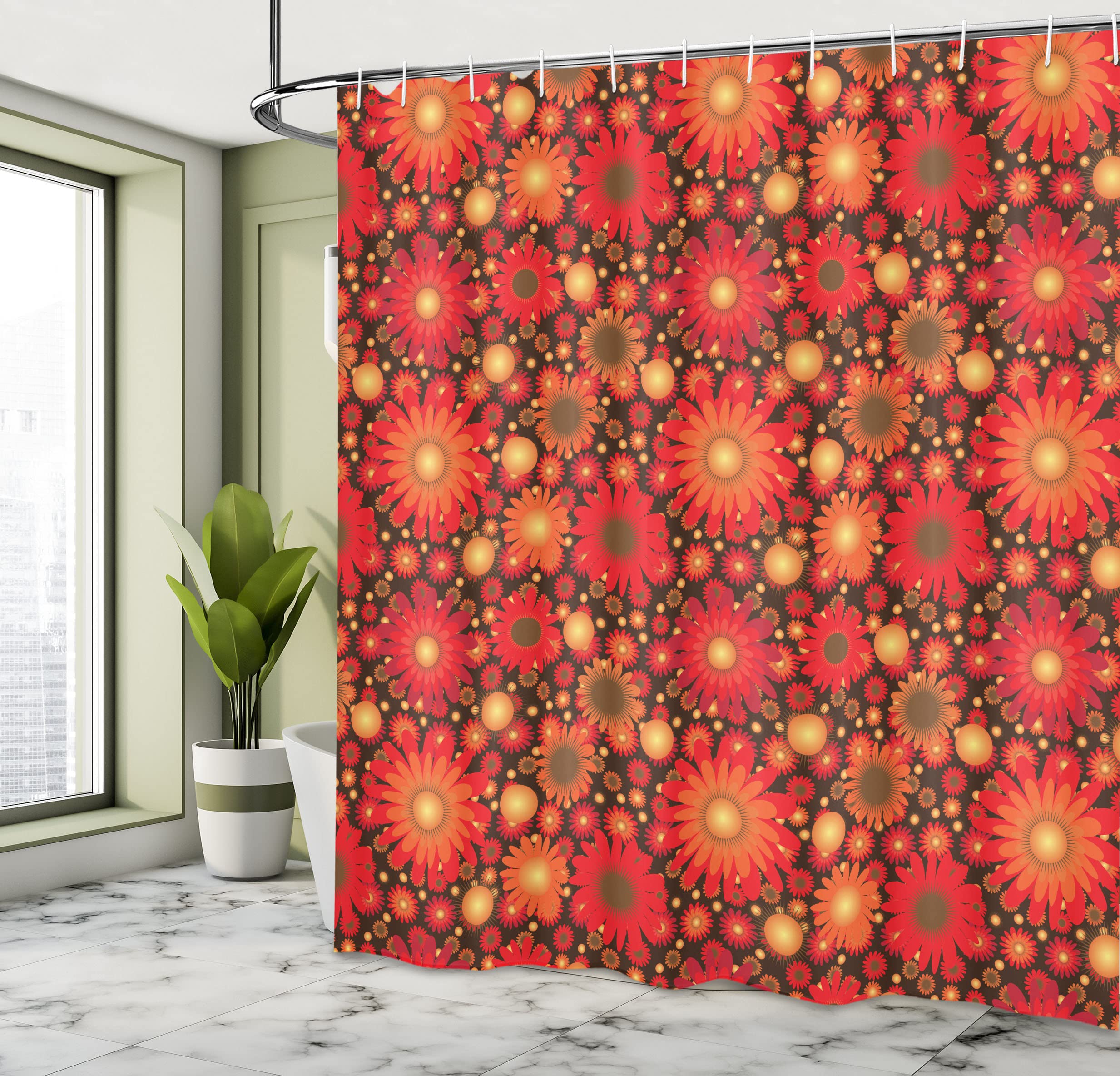 Ambesonne Floral Shower Curtain - Vivid Botanical Print with Gerbera Daisies in Dark Green & Vermilion | 69x70 Inch Waterproof Fabric Bathroom Decor Set with Hooks | Perfect for Modern, Farmhouse & Boho Bathrooms