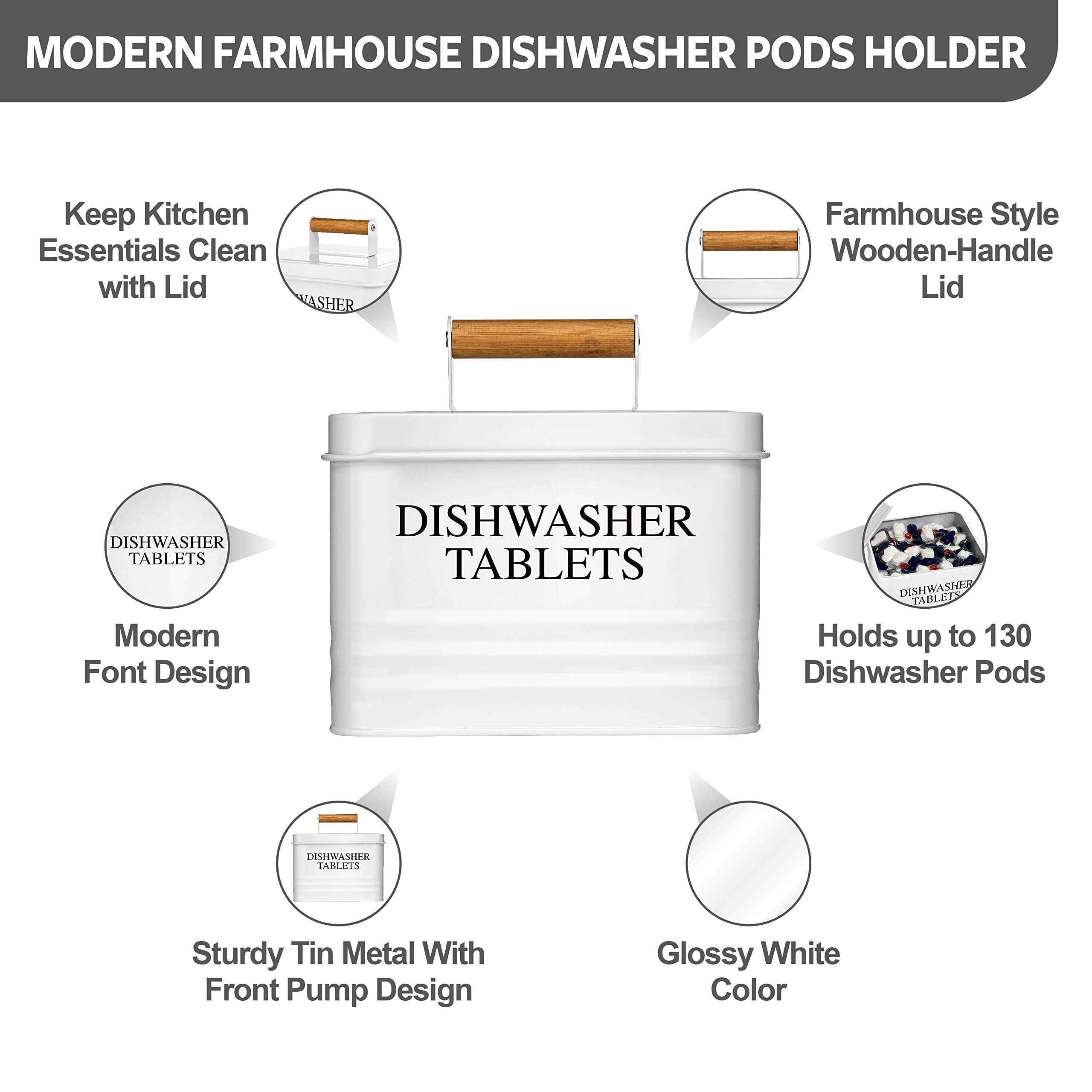 Modern Farmhouse Metal Dishwasher Pods Holder with Lid - White Kitchen Storage Container for Pods & Detergent - Perfect for Kitchen Organization & Farmhouse Decor - Ideal for Dishwasher Pod Storage, Countertop Organization, and Farmhouse Style Kitchens