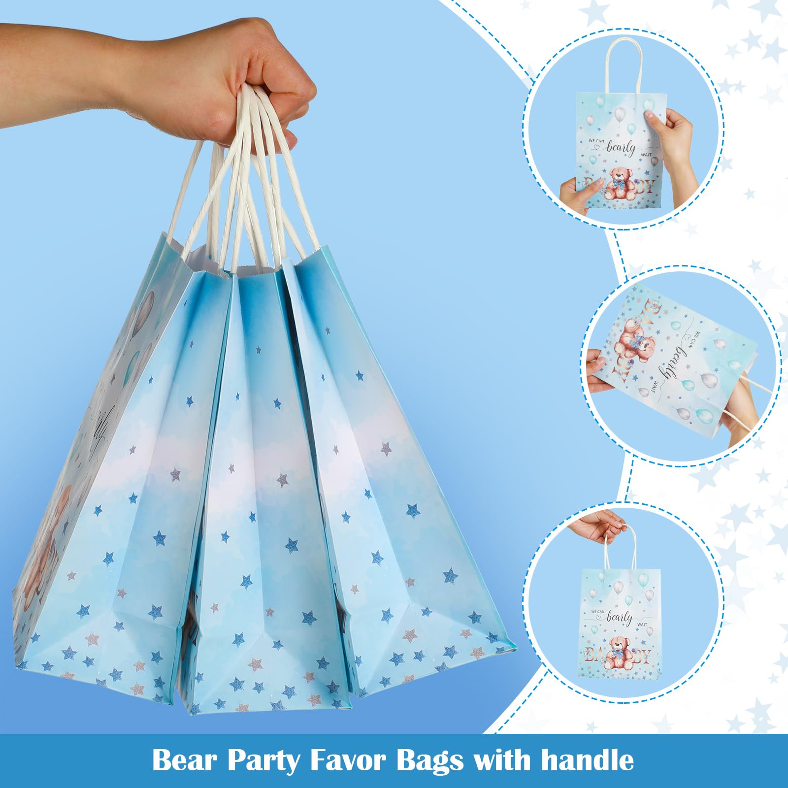 16 Pack Bear-Themed Baby Shower Gift Bags with Handles - Cute We Can Bearly Wait Paper Party Favor Bags for Kids Birthday & Baby Shower Supplies - Perfect for Goodie Bags, Party Decorations and Baby Celebration Favors