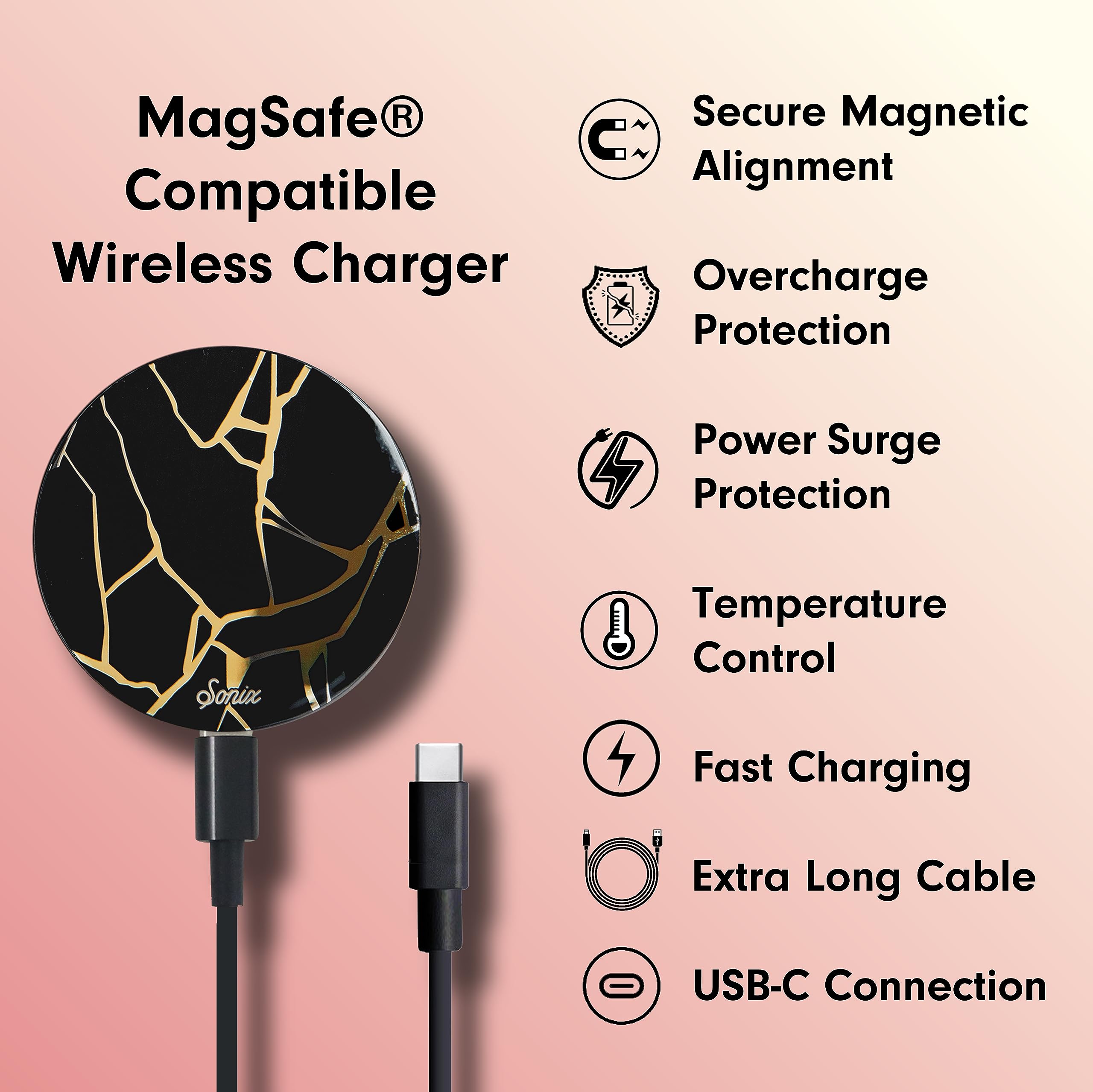 Sonix Magnetic Wireless Charger for iPhone 16/15/14/13/12 Series - 15W Fast Charging with 6.5ft USB-C Cable | Kintsugi Design | Perfect for Home, Office & Car Use
