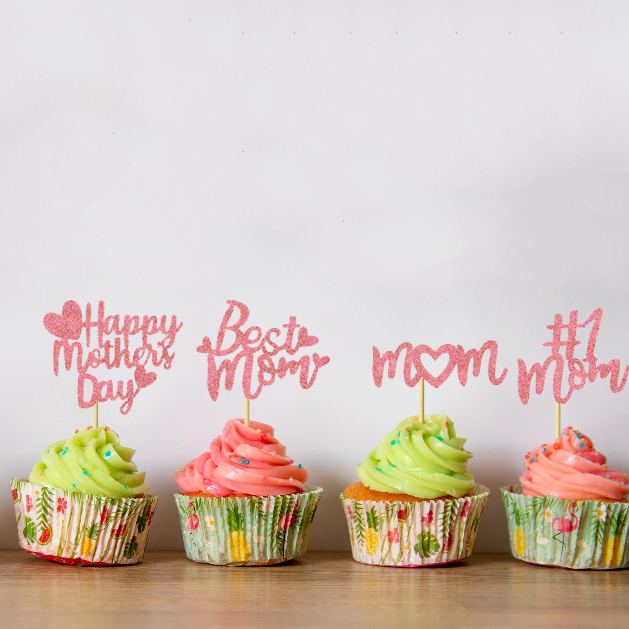 24Pcs Happy Mother's Day Cupcake Toppers - Pink Glitter Cake Decorations for Mother's Birthday Party, Baby Shower & Wedding Celebrations