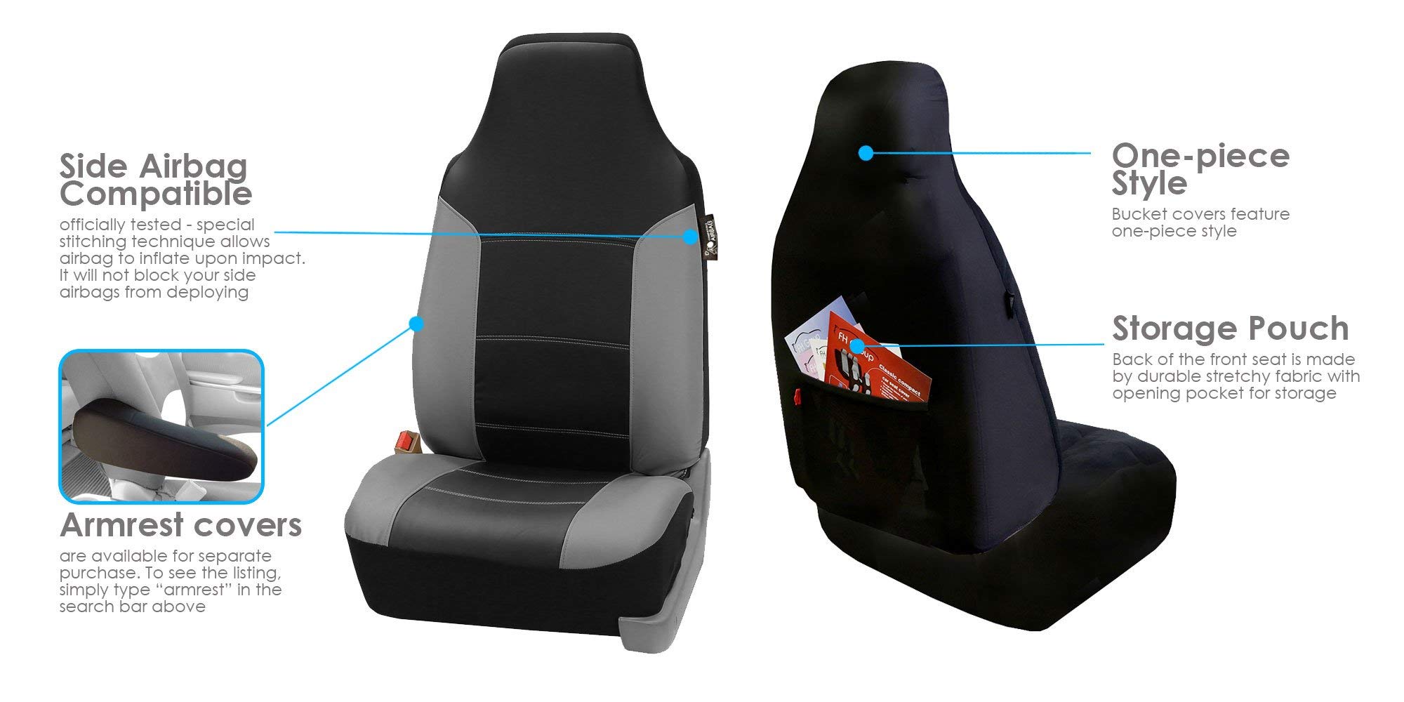 FH Group Royal PU Breathable Leather High Back Bucket Seat Covers - Universal Fit for Cars, Trucks & SUVs | Airbag Compatible | Gray/Black | Premium Car Interior Upgrade for Comfort & Style